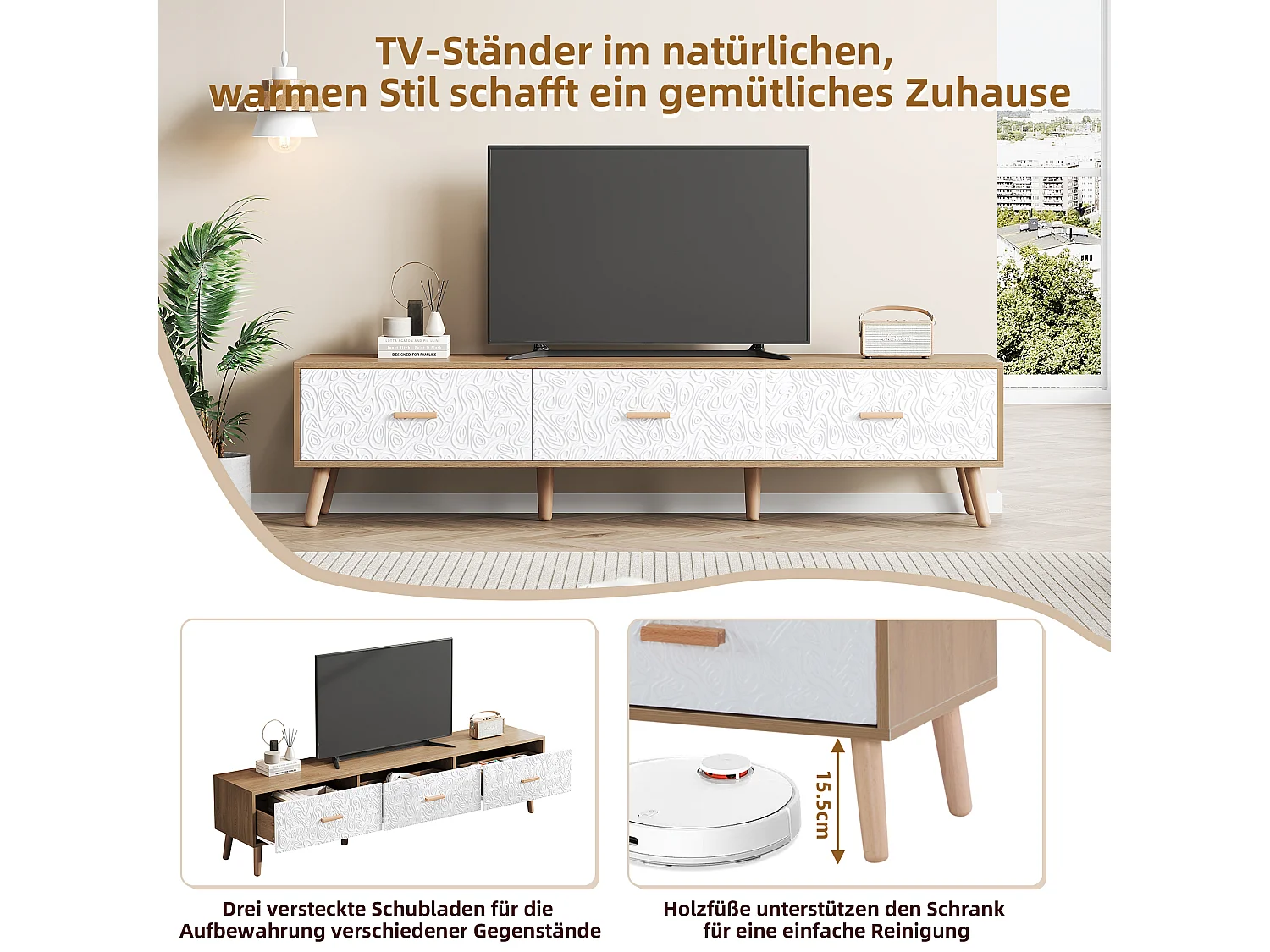 Meuble TV avec 3 tiroirs - 150 x 35 x 39 cm - Panneaux de particules - pour salon - Blanc et bois