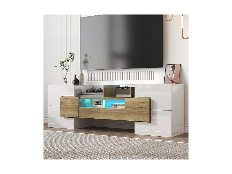 TV-Schrank mit 4 Türen und 2 Schubladen - 145 x 30 x 51 cm - LEDs - Spanplatte - Weiß+Gold