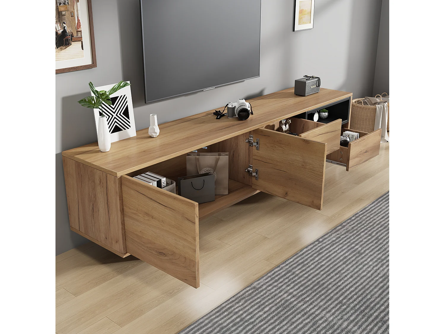 Meuble TV avec 2 portes et 2 tiroirs - 173 x 38 x 48 cm - Panneaux de particules - pour salle à manger - Coloris bois