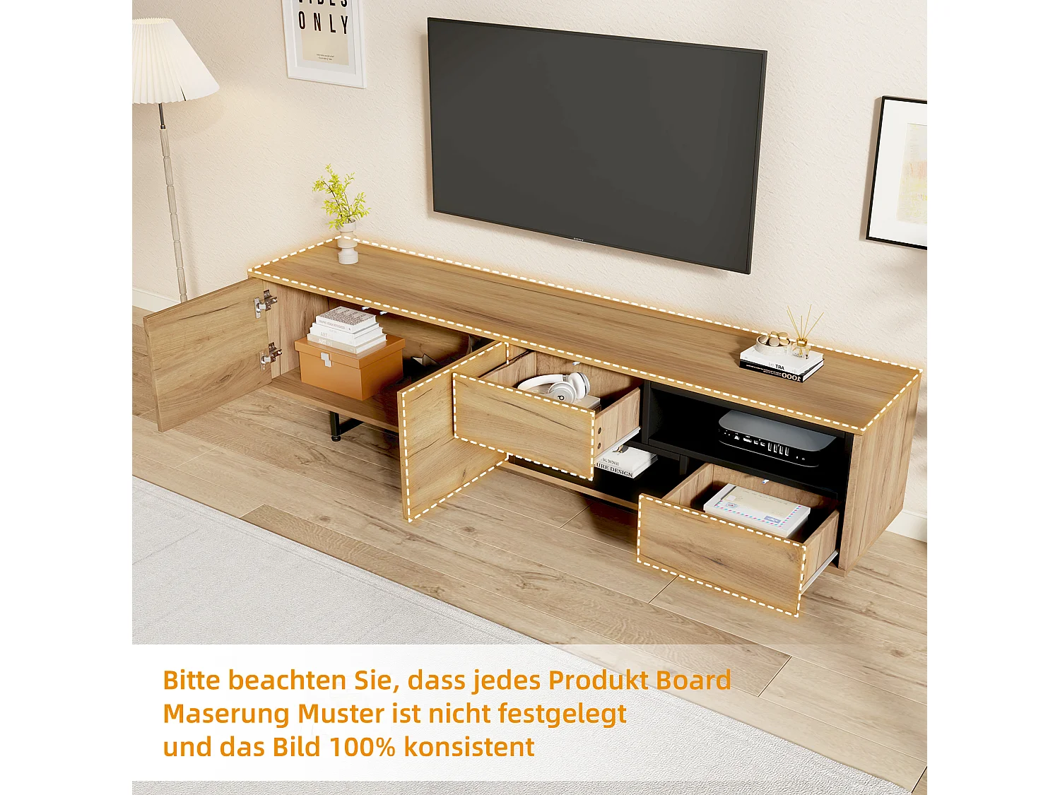 Meuble TV avec 2 portes et 2 tiroirs - 173 x 38 x 48 cm - Panneaux de particules - pour salle à manger - Coloris bois