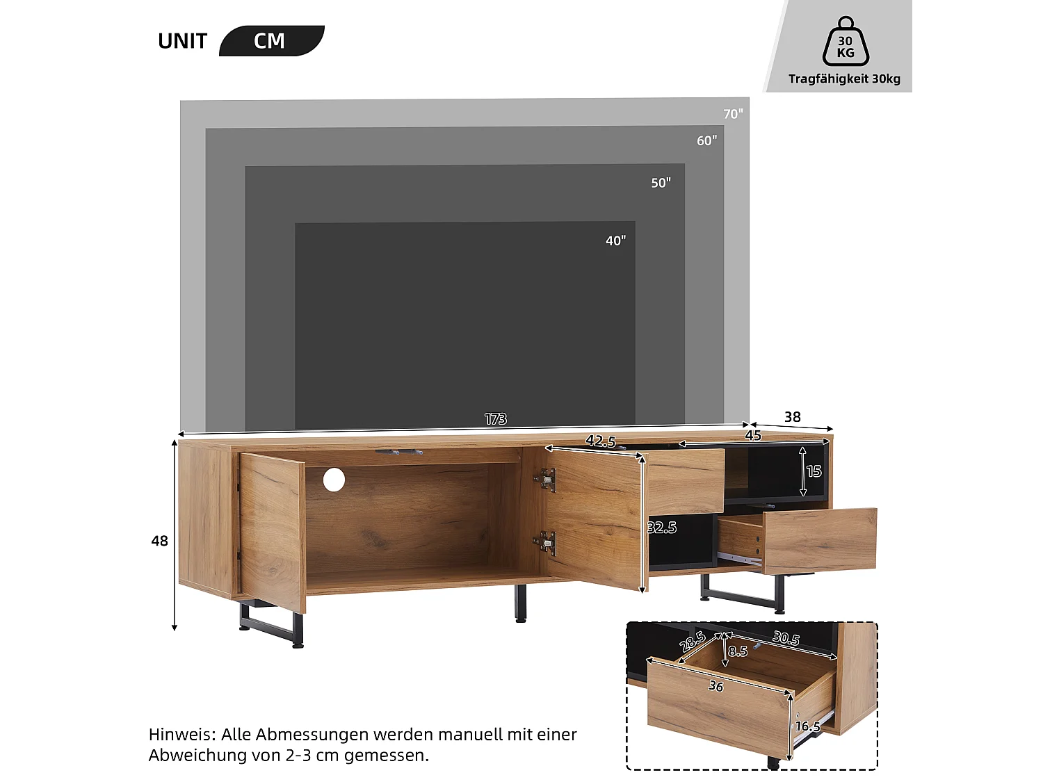 Meuble TV avec 2 portes et 2 tiroirs - 173 x 38 x 48 cm - Panneaux de particules - pour salle à manger - Coloris bois