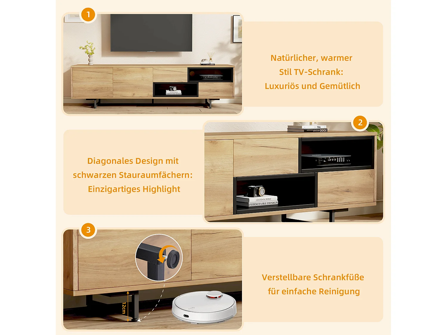 Meuble TV avec 2 portes et 2 tiroirs - 173 x 38 x 48 cm - Panneaux de particules - pour salle à manger - Coloris bois
