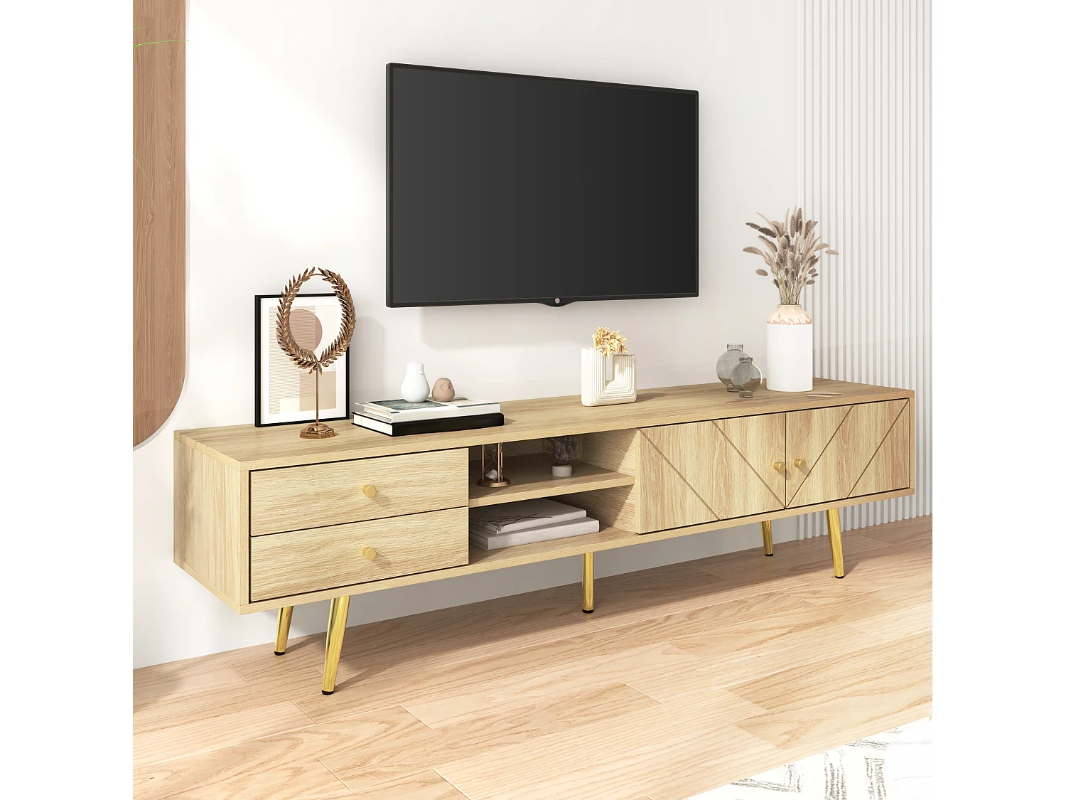 Szafka RTV z 2 drzwiami i 2 szufladami - 160 x 36 x 42 cm - MDF, Płyta wiórowa - Kolor drewna