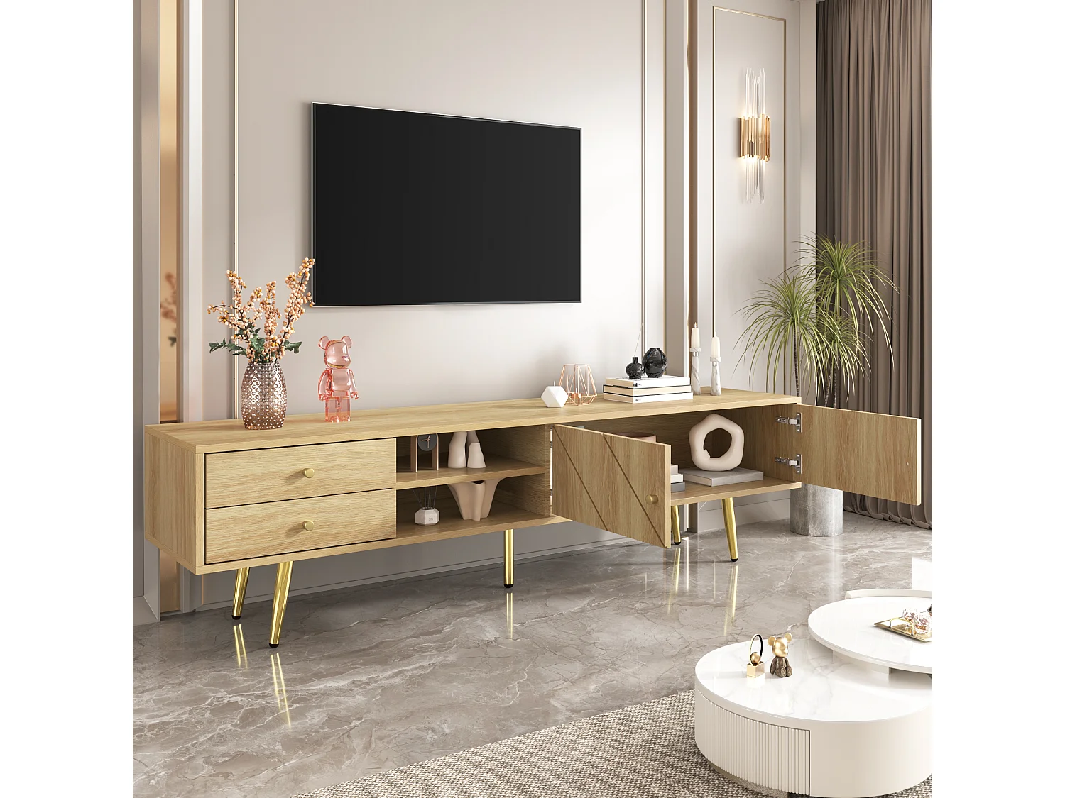 Meuble TV avec 2 portes et 2 tiroirs - 160 x 36x 42 cm - MDF, Panneau de particules - Coloris bois