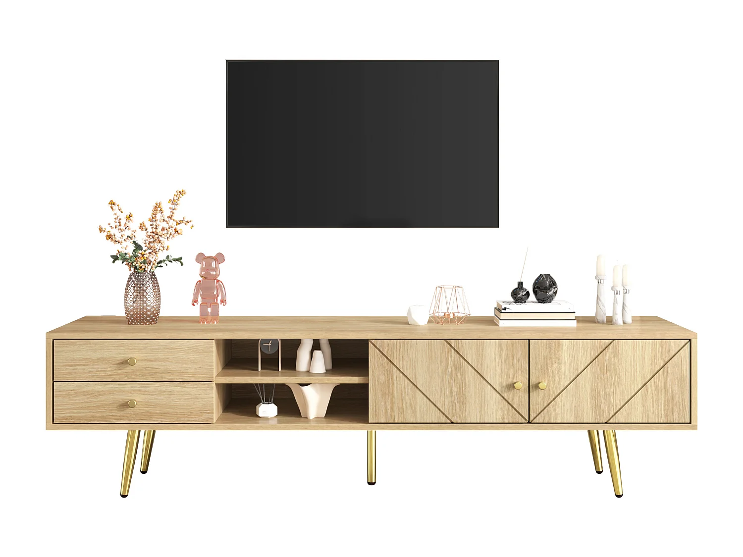 Meuble TV avec 2 portes et 2 tiroirs - 160 x 36x 42 cm - MDF, Panneau de particules - Coloris bois