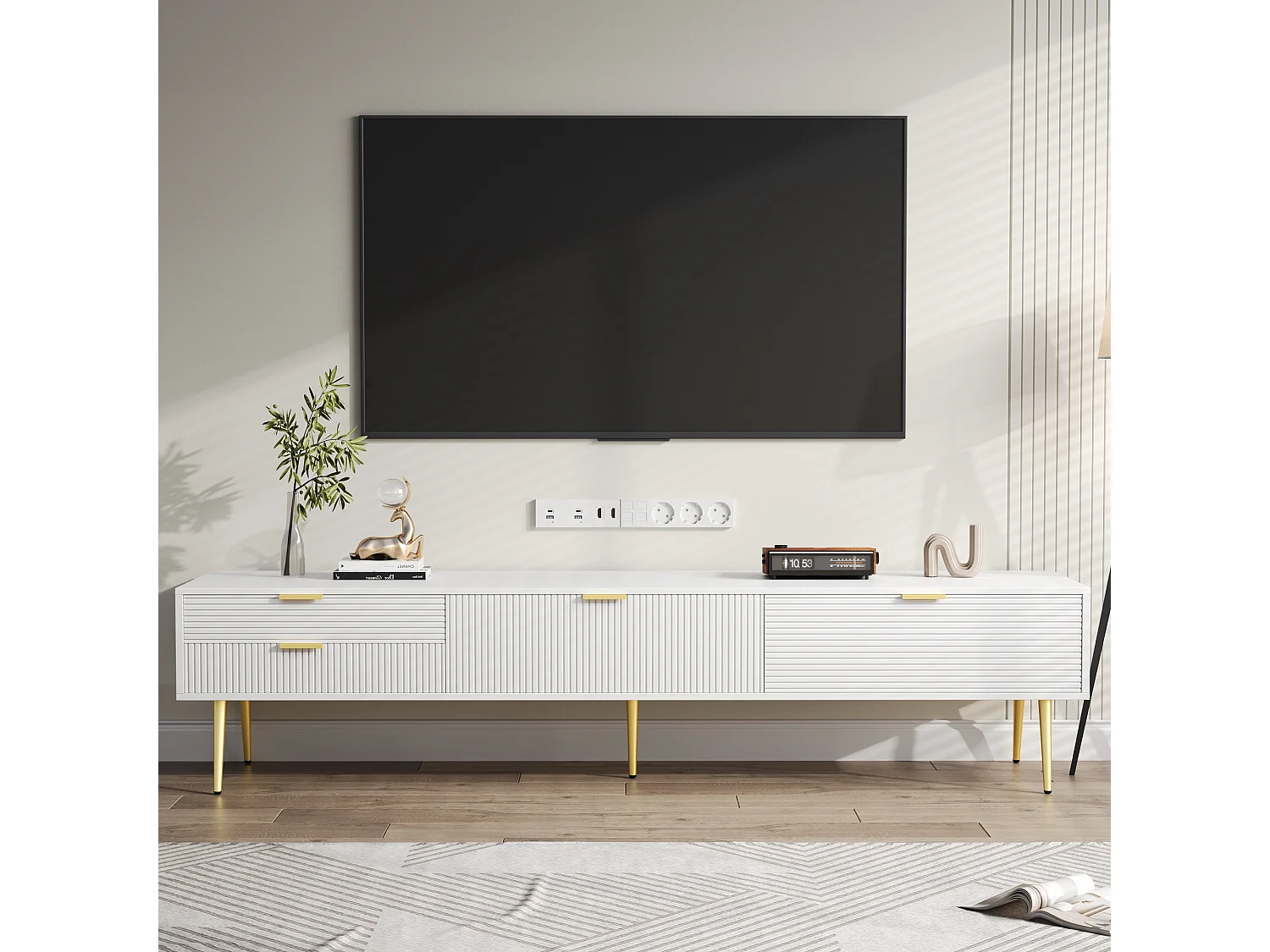 Meuble TV avec 2 portes et 2 niches - 175 x 35 x 40 cm - MDF et pièds en métal doré - Blanc