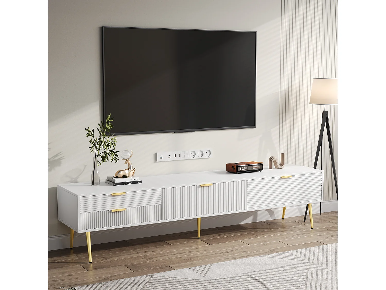 Meuble TV avec 2 portes et 2 niches - 175 x 35 x 40 cm - MDF et pièds en métal doré - Blanc