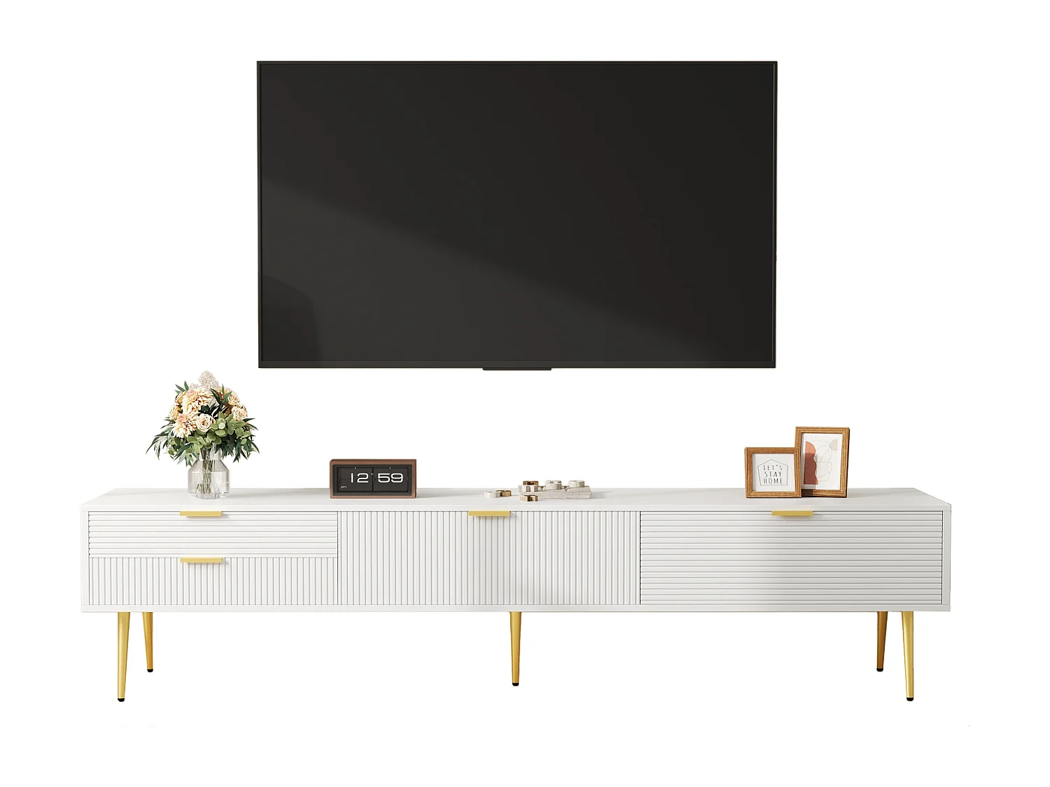 Meuble TV avec 2 portes et 2 niches - 175 x 35 x 40 cm - MDF et pièds en métal doré - Blanc