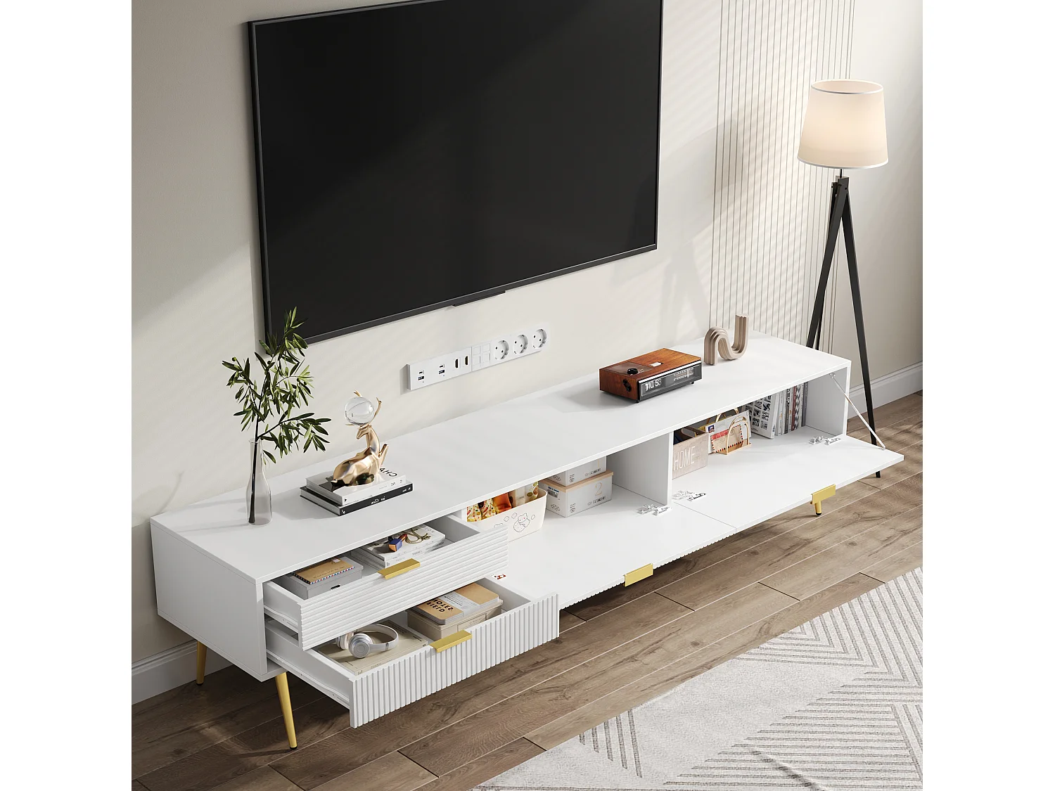 Meuble TV avec 2 portes et 2 niches - 175 x 35 x 40 cm - MDF et pièds en métal doré - Blanc