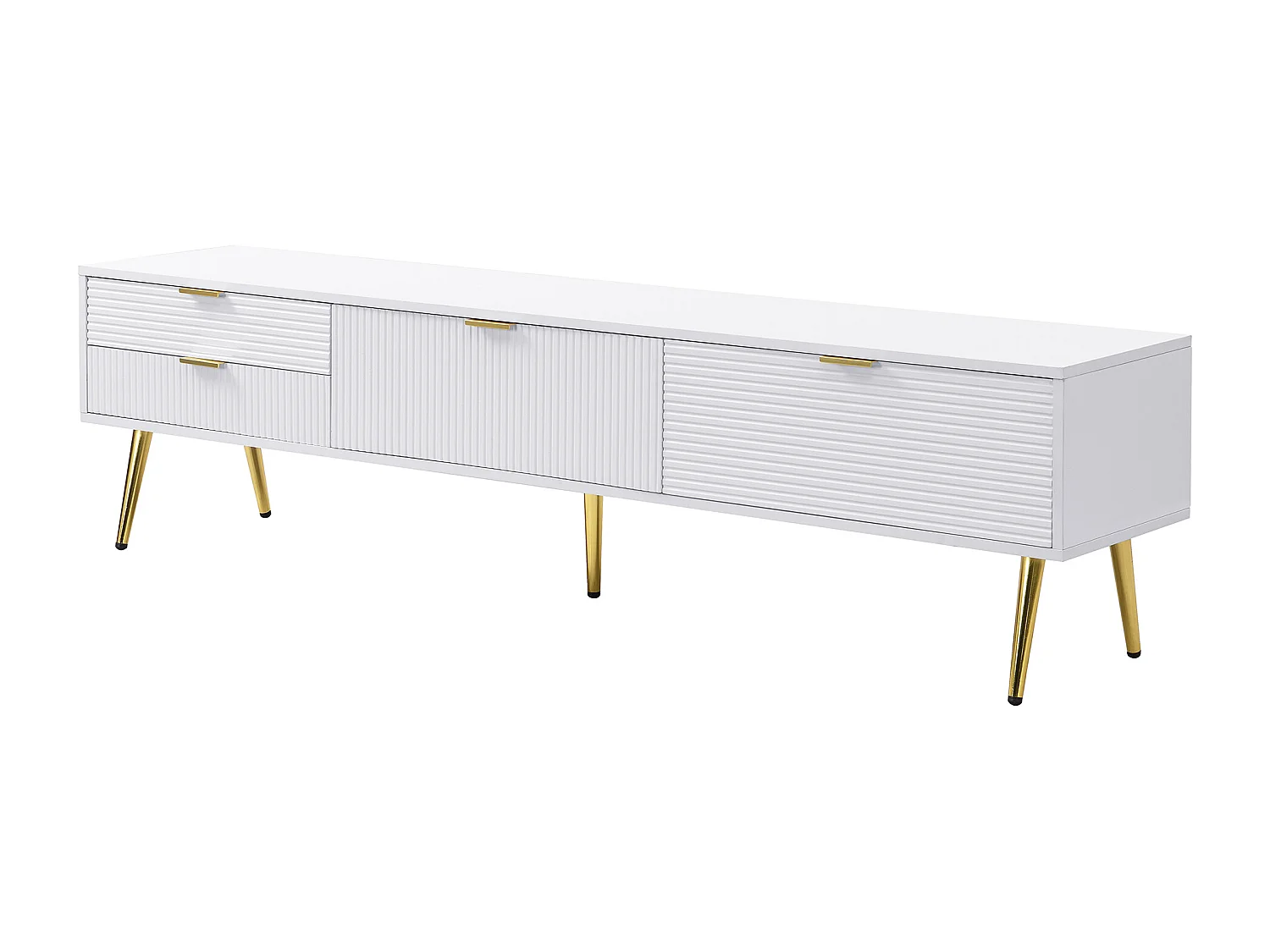 Meuble TV avec 2 portes et 2 niches - 175 x 35 x 40 cm - MDF et pièds en métal doré - Blanc