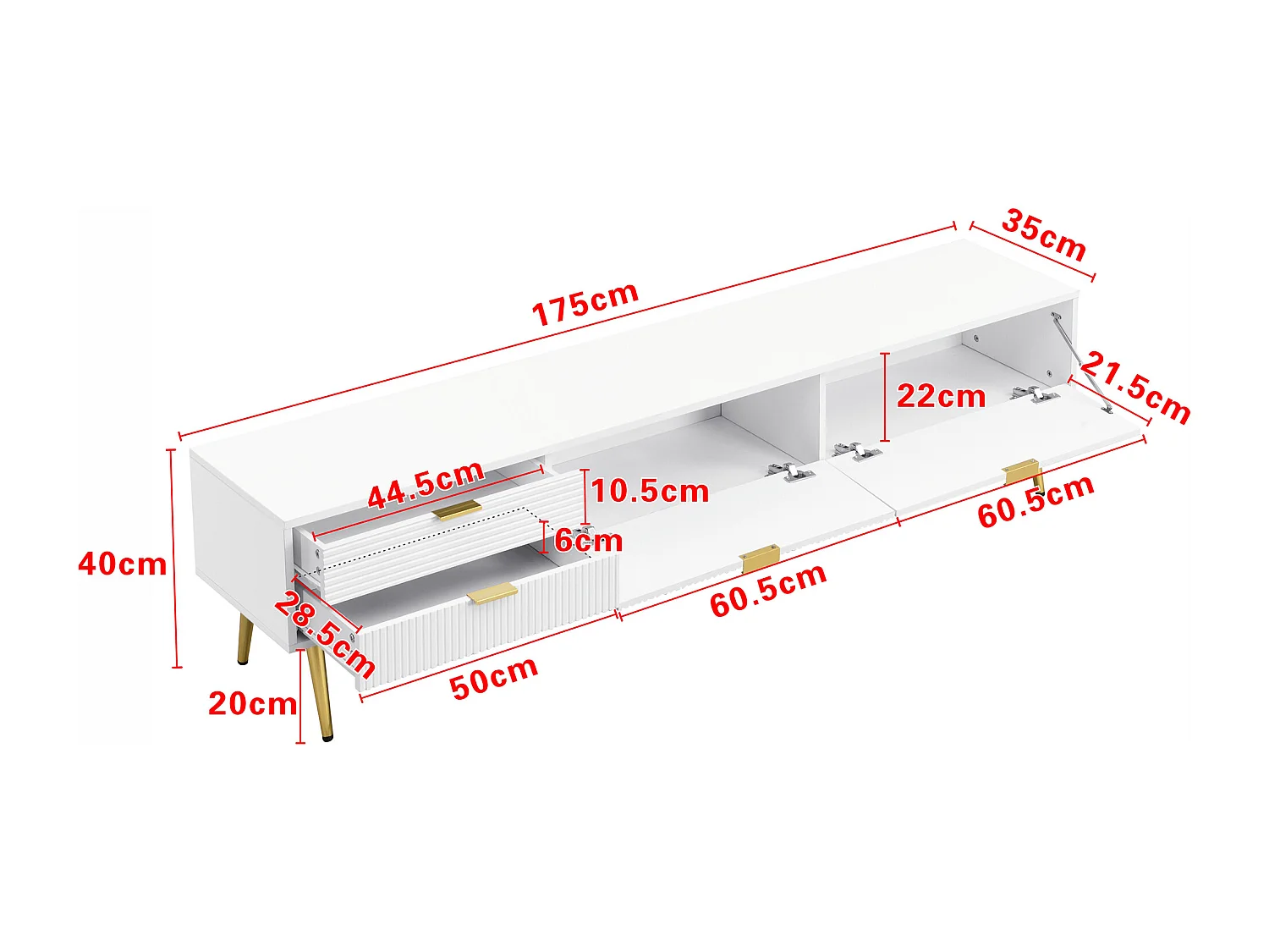 Meuble TV avec 2 portes et 2 niches - 175 x 35 x 40 cm - MDF et pièds en métal doré - Blanc