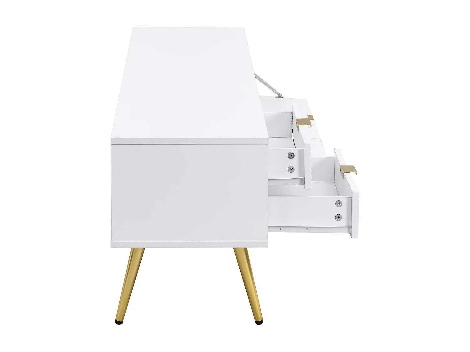 Meuble TV avec 2 portes et 2 niches - 175 x 35 x 40 cm - MDF et pièds en métal doré - Blanc