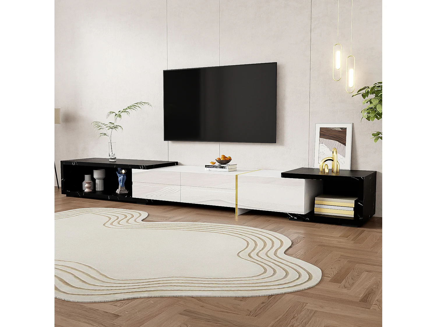 Rozsuwana i obrotowa szafka pod TV z 3 drzwiami - 140/260 x 40 x 30 cm - Efekt marmuru - MDF - Czarny + biały