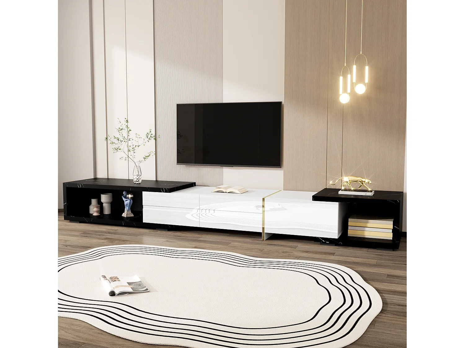 Rozsuwana i obrotowa szafka pod TV z 3 drzwiami - 140/260 x 40 x 30 cm - Efekt marmuru - MDF - Czarny + biały