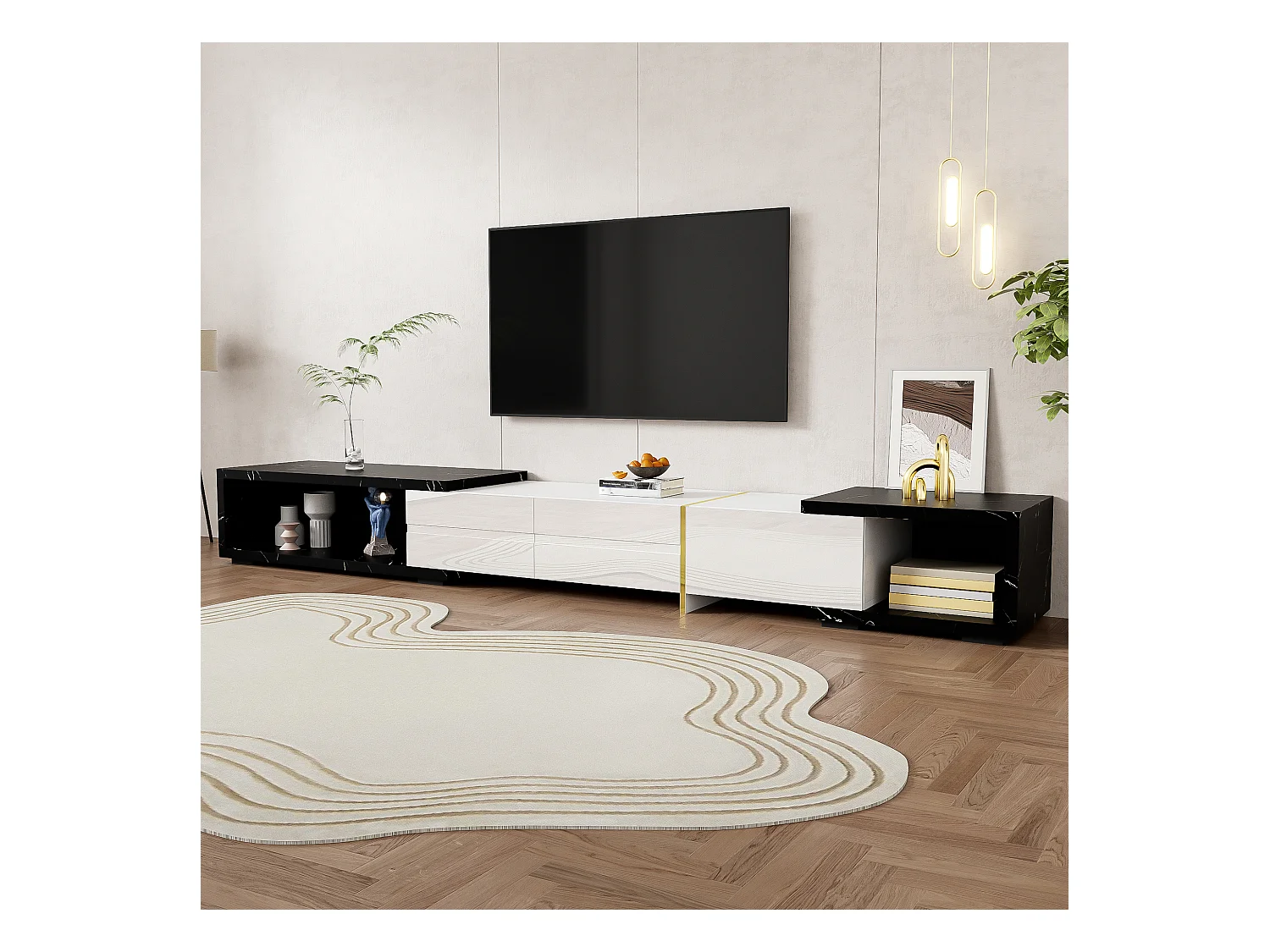 Ausziehbarer und drehbarer TV-Schrank mit 3 Türen - 140/260 x 40 x 30 cm - Marmoreffekt - MDF - Schwarz + Weiß
