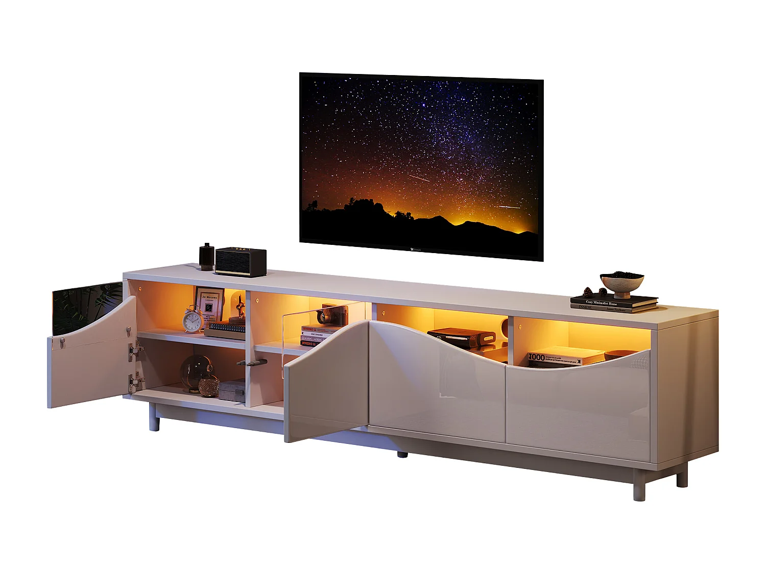 TV-Schrank mit 4 Türen - 175 x 38 x 51 cm - LEDs - MDF-Holz und gehärtetes Glas - Weiß glänzend