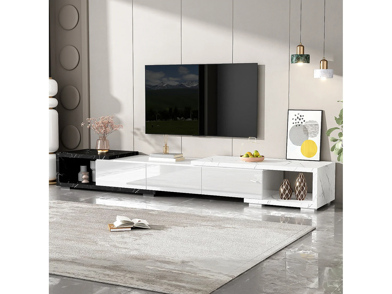 Meuble TV extensible et rotative avec 3 portes - 140/179.5 x 40 x 27.5 cm - Effet marbre - MDF - Noir + blanc