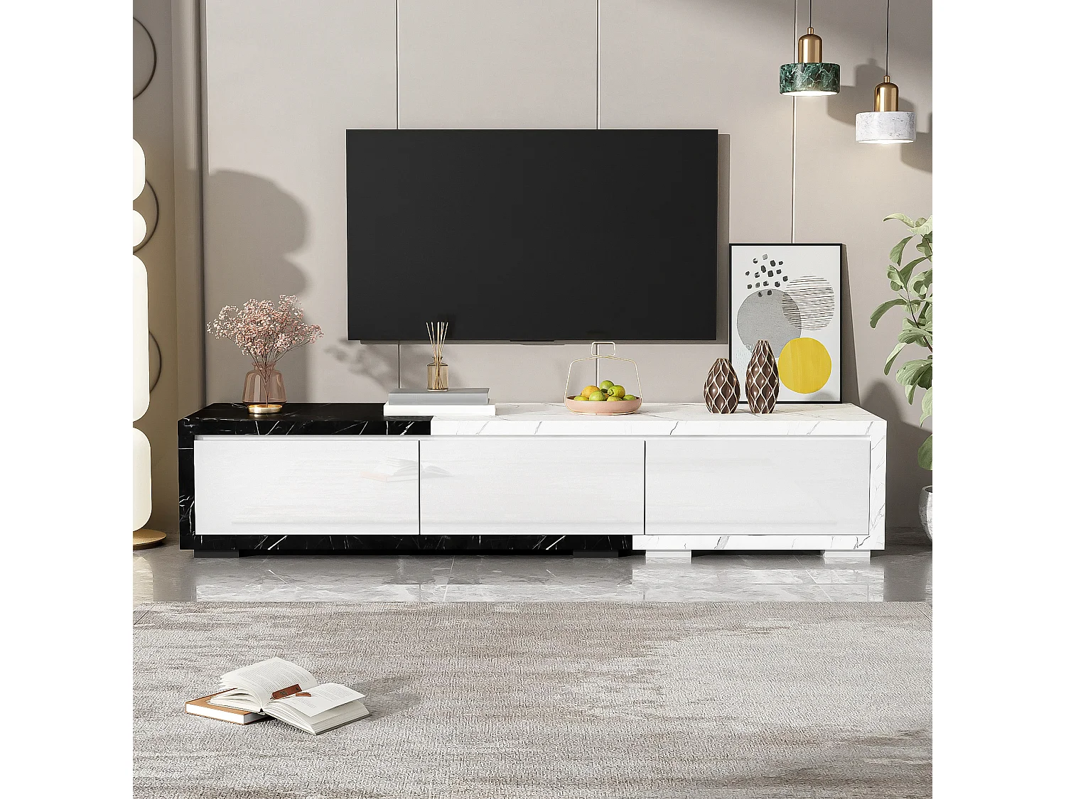 Meuble TV extensible et rotative avec 3 portes - 140/179.5 x 40 x 27.5 cm - Effet marbre - MDF - Noir + blanc
