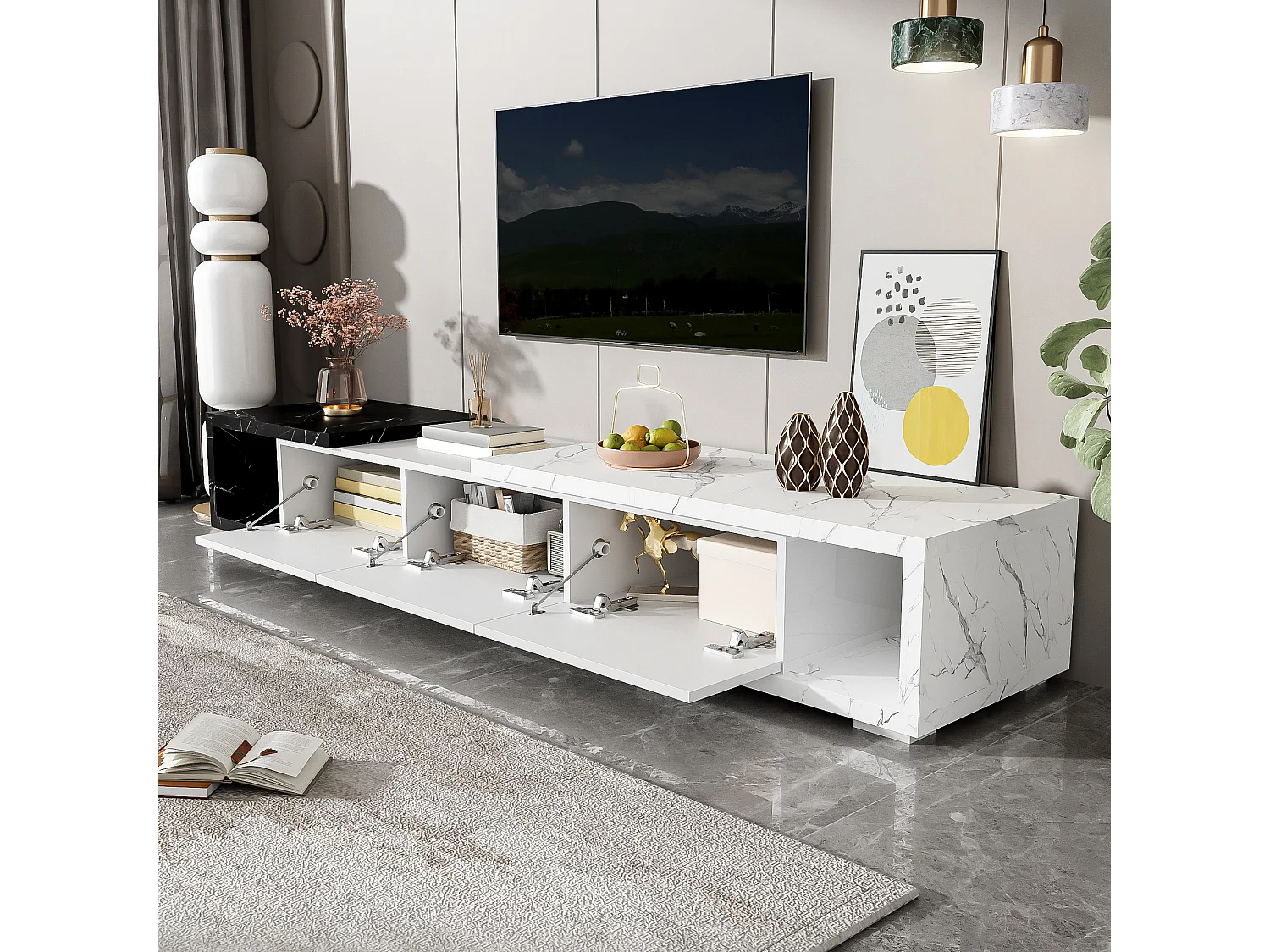 Meuble TV extensible et rotative avec 3 portes - 140/179.5 x 40 x 27.5 cm - Effet marbre - MDF - Noir + blanc