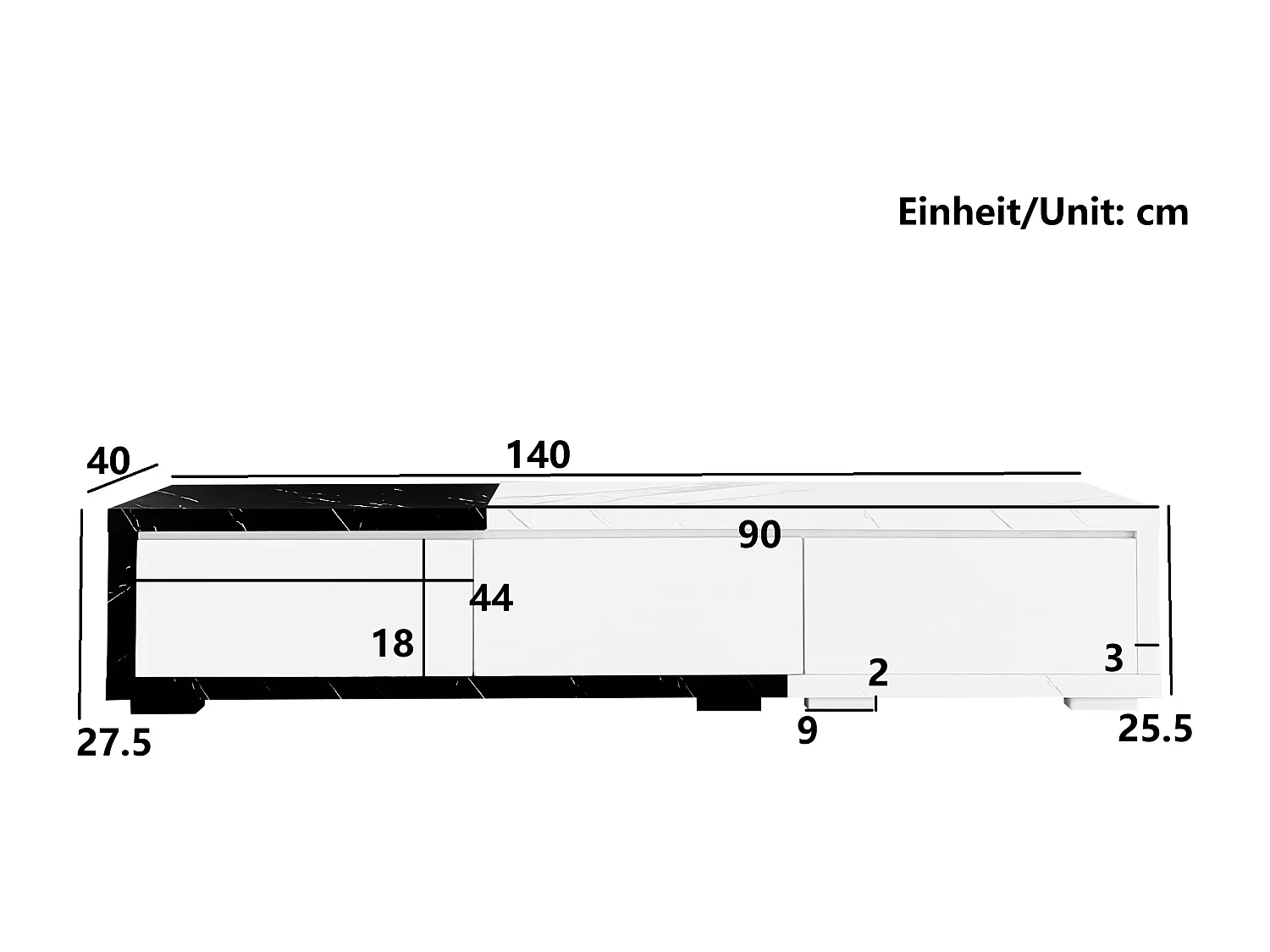 Meuble TV extensible et rotative avec 3 portes - 140/179.5 x 40 x 27.5 cm - Effet marbre - MDF - Noir + blanc
