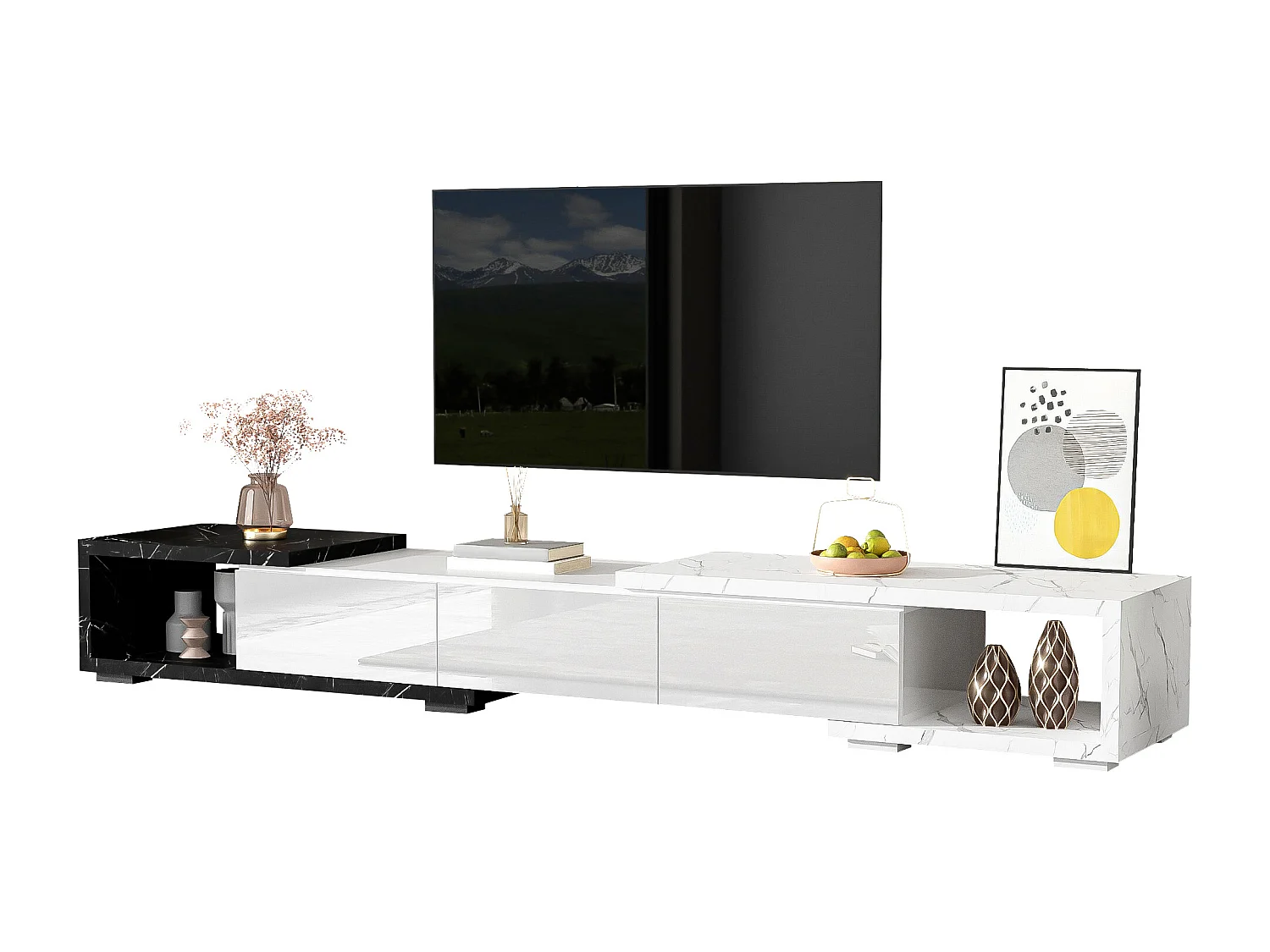 Meuble TV extensible et rotative avec 3 portes - 140/179.5 x 40 x 27.5 cm - Effet marbre - MDF - Noir + blanc
