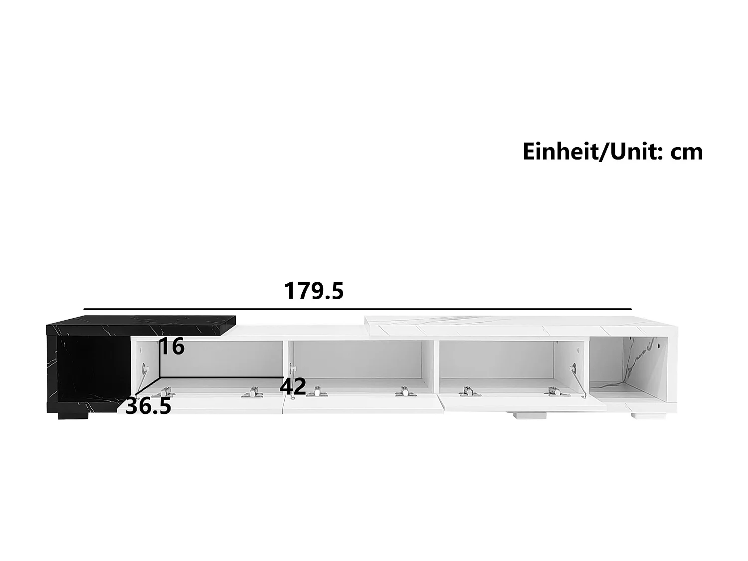 Meuble TV extensible et rotative avec 3 portes - 140/179.5 x 40 x 27.5 cm - Effet marbre - MDF - Noir + blanc
