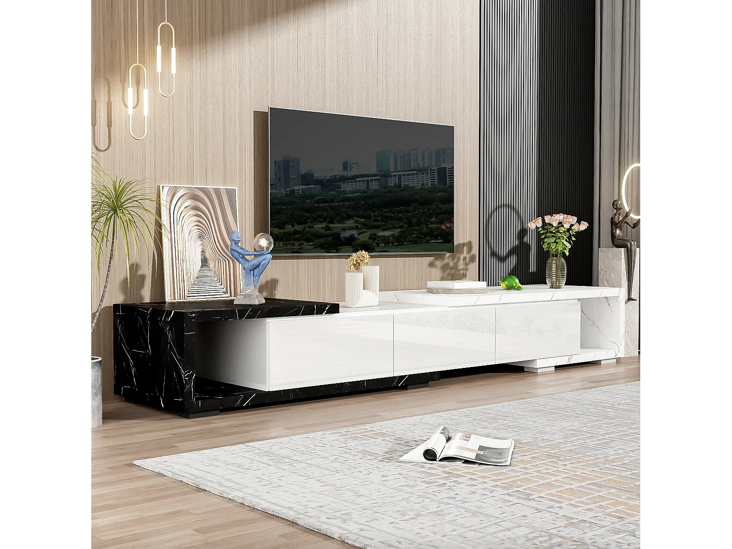 Meuble TV extensible et rotative avec 3 portes - 140/179.5 x 40 x 27.5 cm - Effet marbre - MDF - Noir + blanc