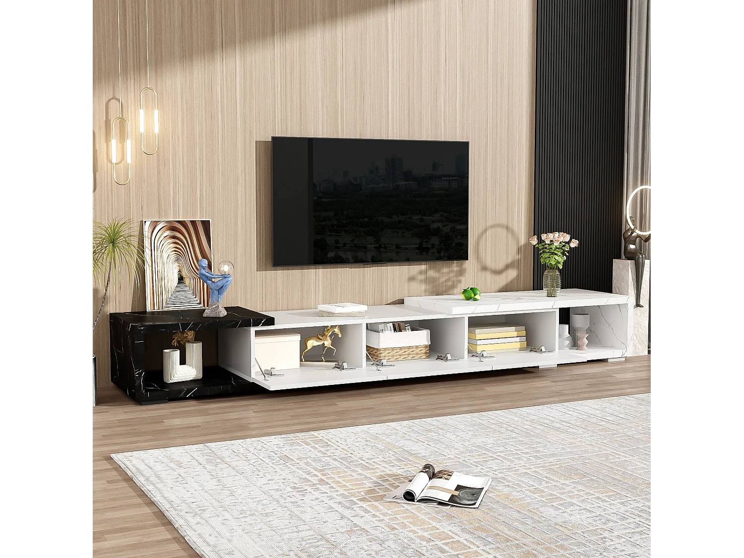 Meuble TV extensible et rotative avec 3 portes - 140/179.5 x 40 x 27.5 cm - Effet marbre - MDF - Noir + blanc