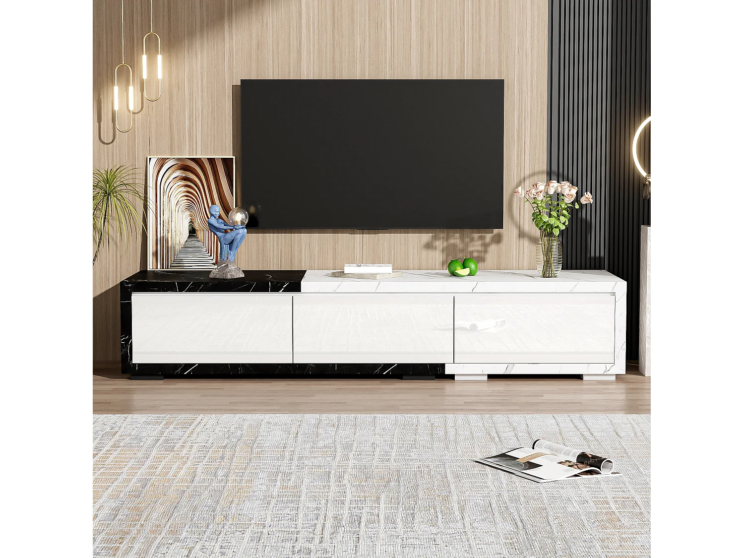 Meuble TV extensible et rotative avec 3 portes - 140/179.5 x 40 x 27.5 cm - Effet marbre - MDF - Noir + blanc