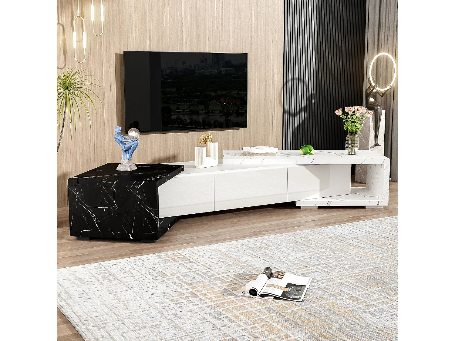 Meuble TV extensible et rotative avec 3 portes - 140/179.5 x 40 x 27.5 cm - Effet marbre - MDF - Noir + blanc
