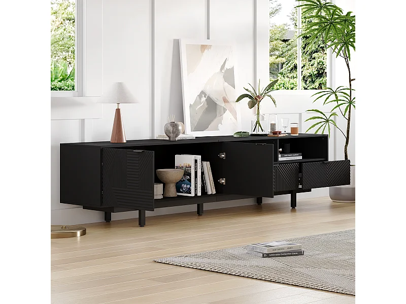 Böhmischer TV-Schrank mit 2 Türen und 2 Schubladen - 200 x 40 x 51 cm - Spanplatte - für Esszimmer - Schwarz