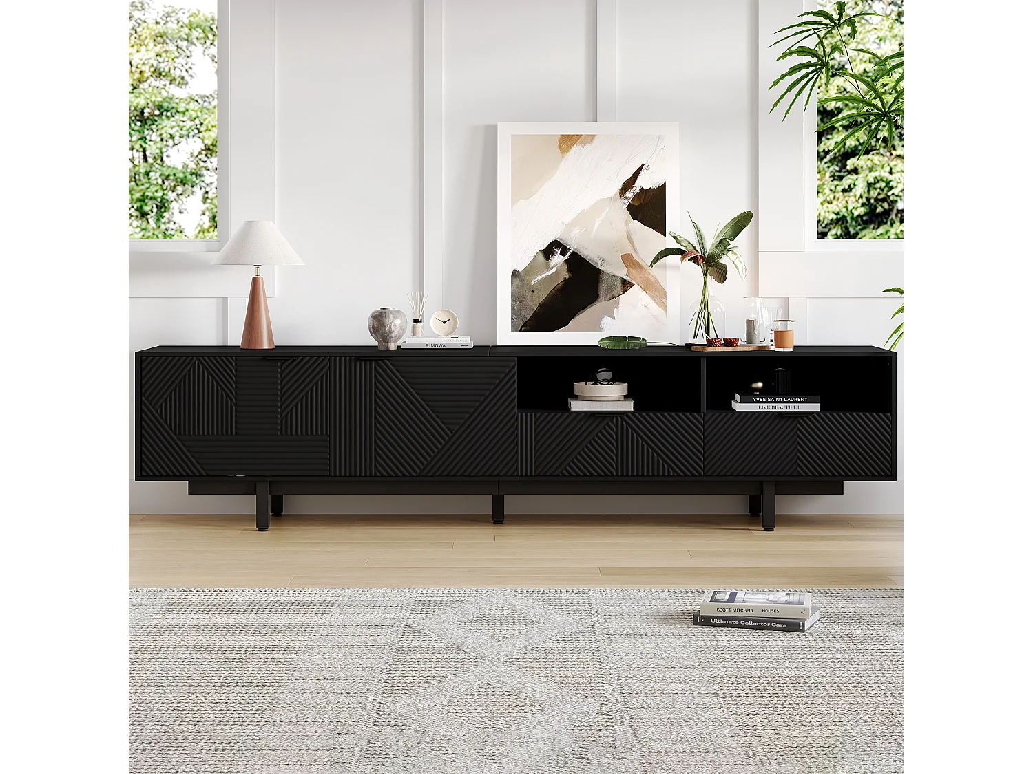 Meuble TV bohème avec 2 portes et 2 tiroirs - 200 x 40 x 51 cm - Panneaux de particules - pour salle à manger - Noir