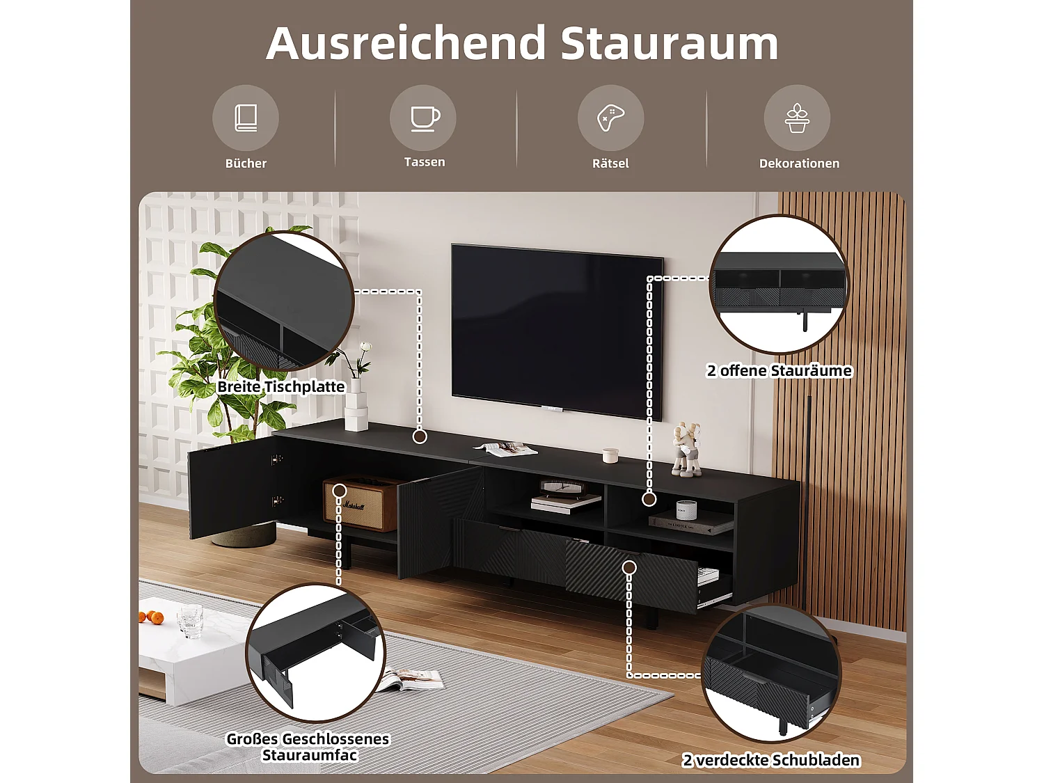 Meuble TV bohème avec 2 portes et 2 tiroirs - 200 x 40 x 51 cm - Panneaux de particules - pour salle à manger - Noir