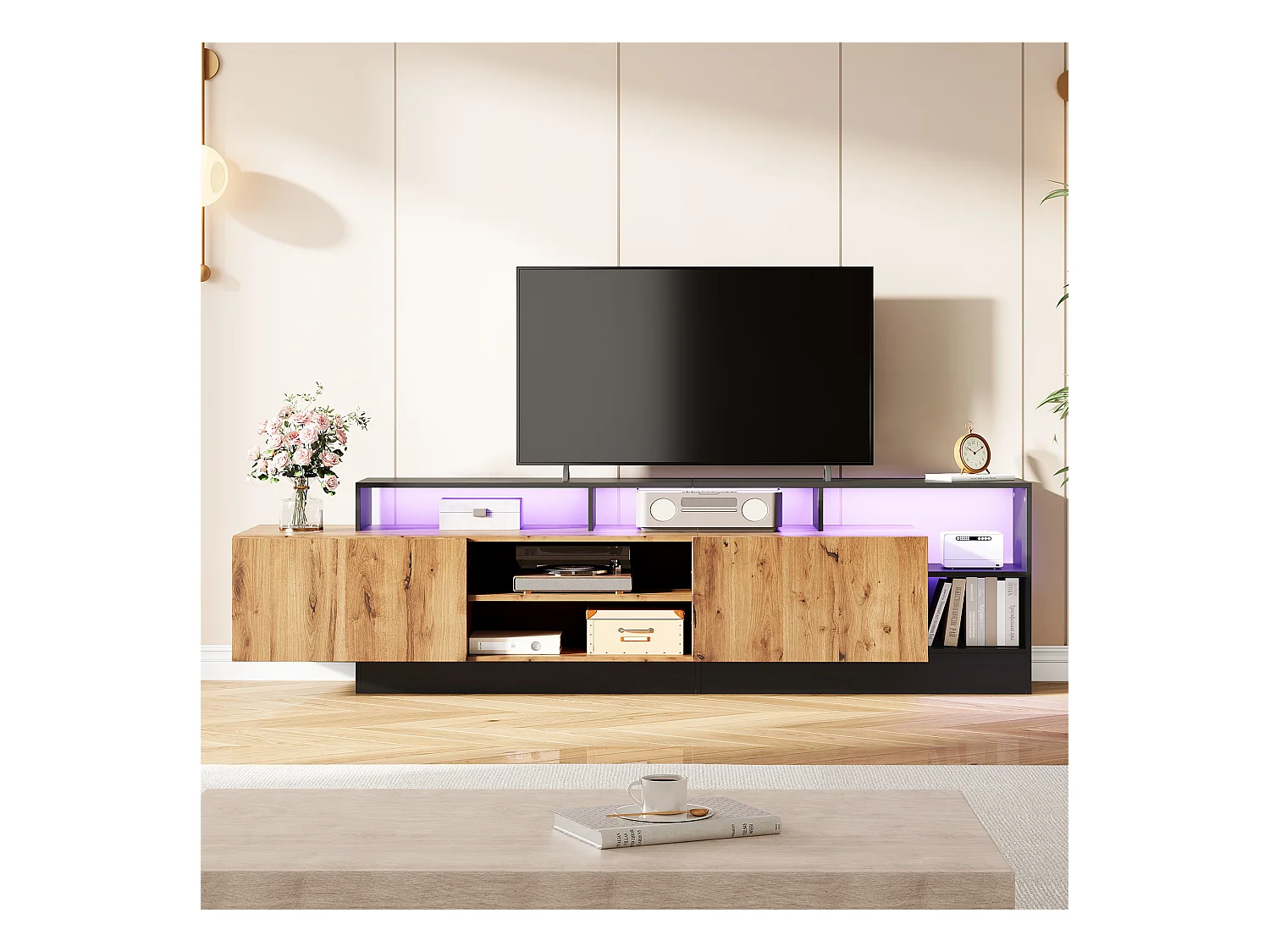 Meuble TV avec 2 portes et étagères - 190 x 40 x 48.5 cm - LEDs - Panneaux de particules - Chêne et noir