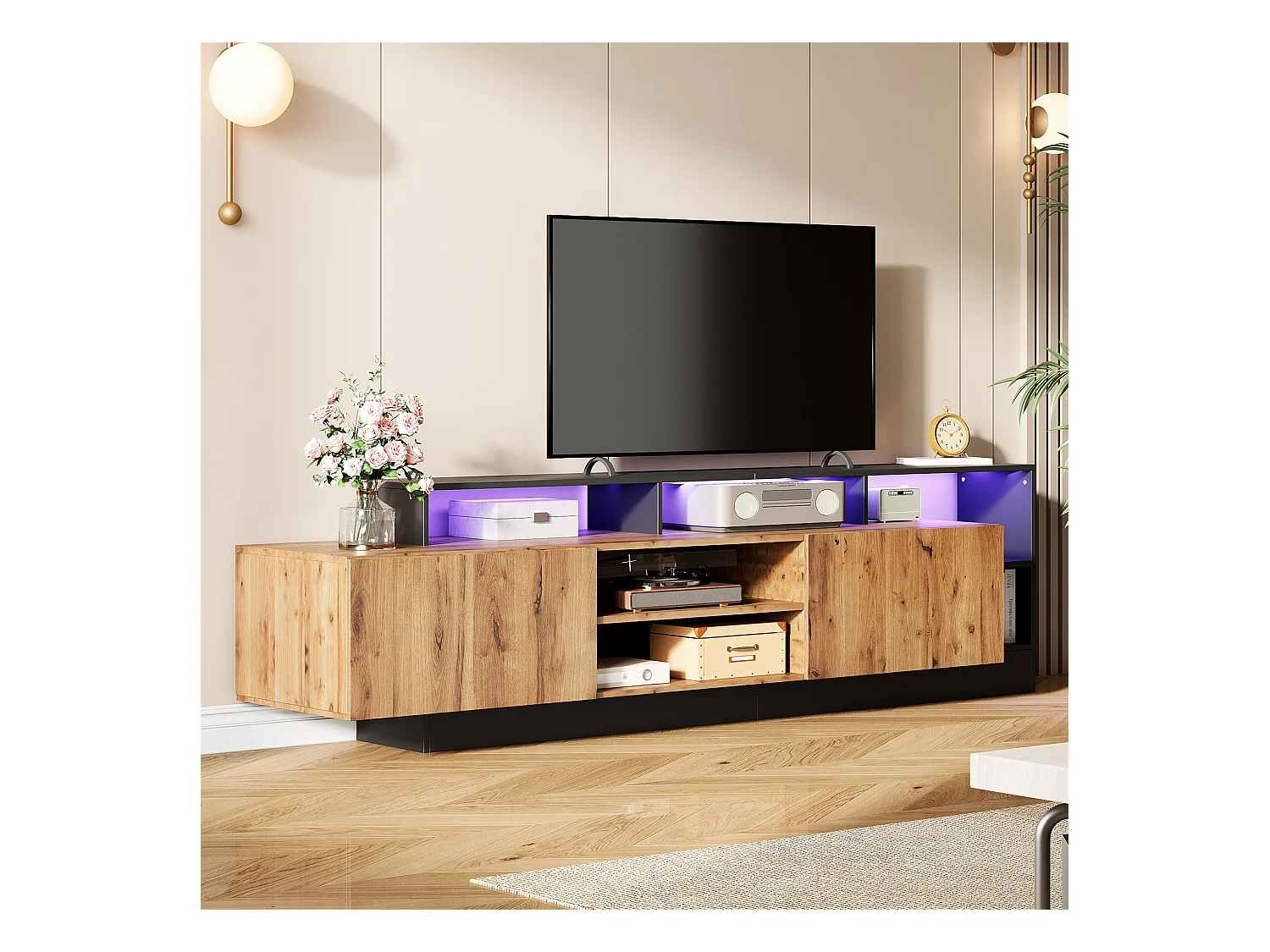 Meuble TV avec 2 portes et étagères - 190 x 40 x 48.5 cm - LEDs - Panneaux de particules - Chêne et noir