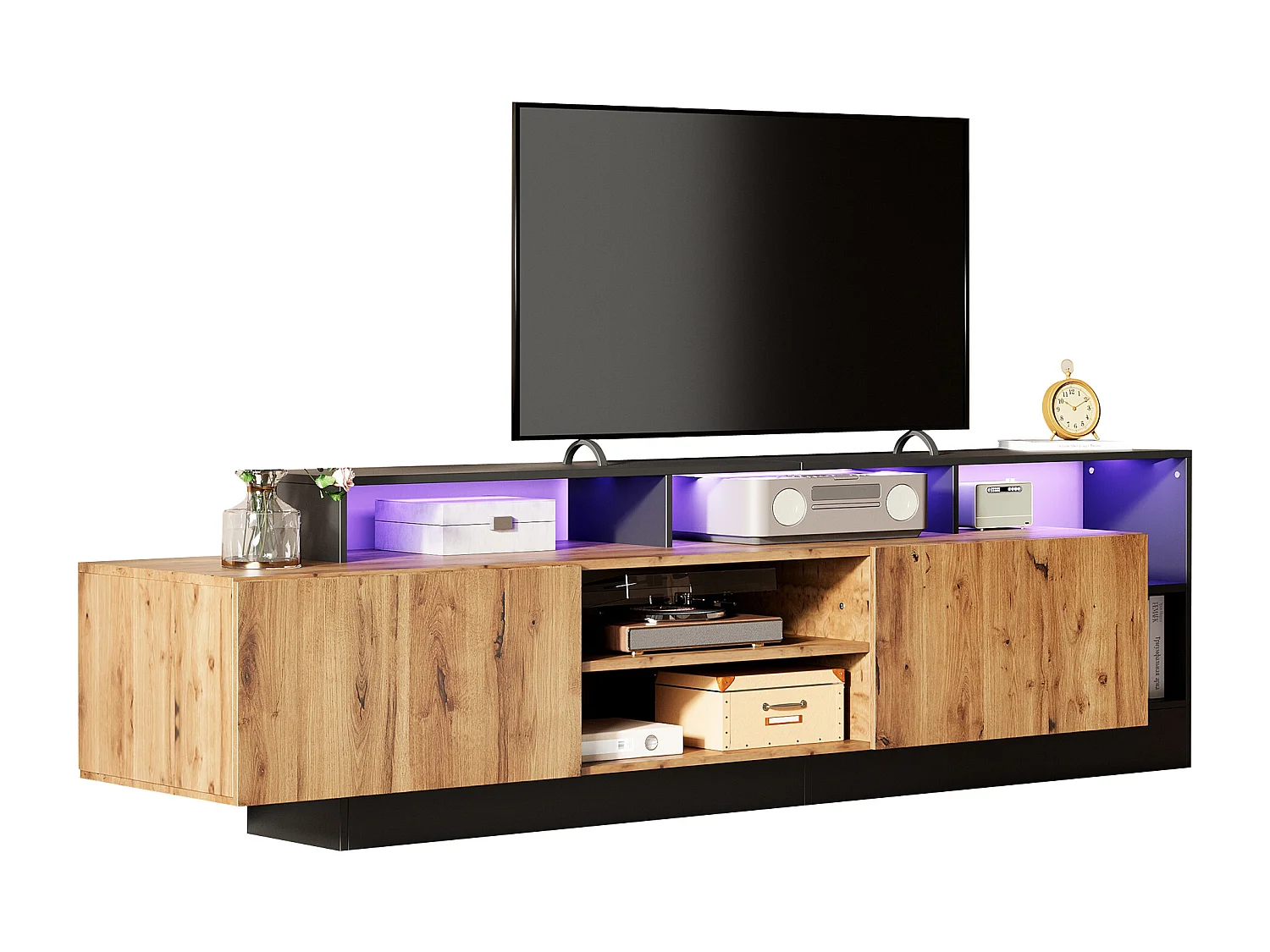 Meuble TV avec 2 portes et étagères - 190 x 40 x 48.5 cm - LEDs - Panneaux de particules - Chêne et noir