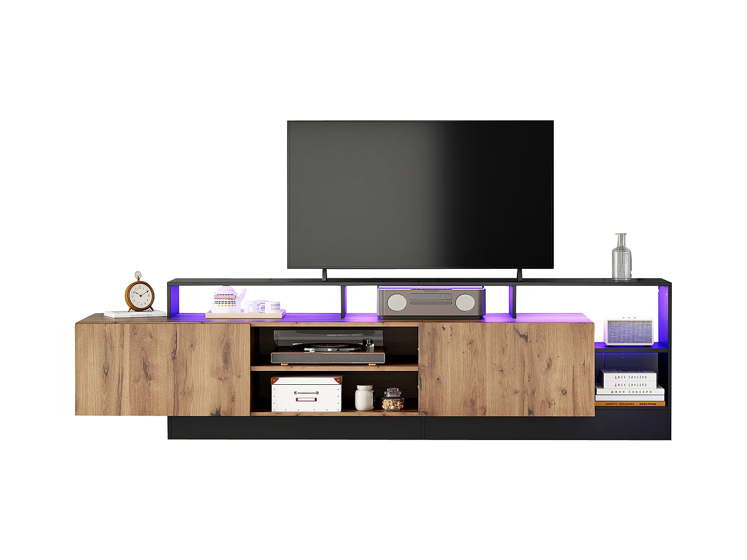 Meuble TV avec 2 portes et étagères - 190 x 40 x 48.5 cm - LEDs - Panneaux de particules - Chêne et noir