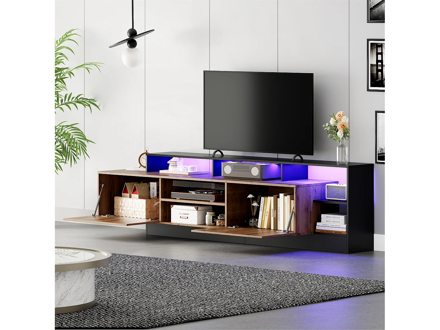 Meuble TV avec 2 portes et étagères - 190 x 40 x 48.5 cm - LEDs - Panneaux de particules - Chêne et noir