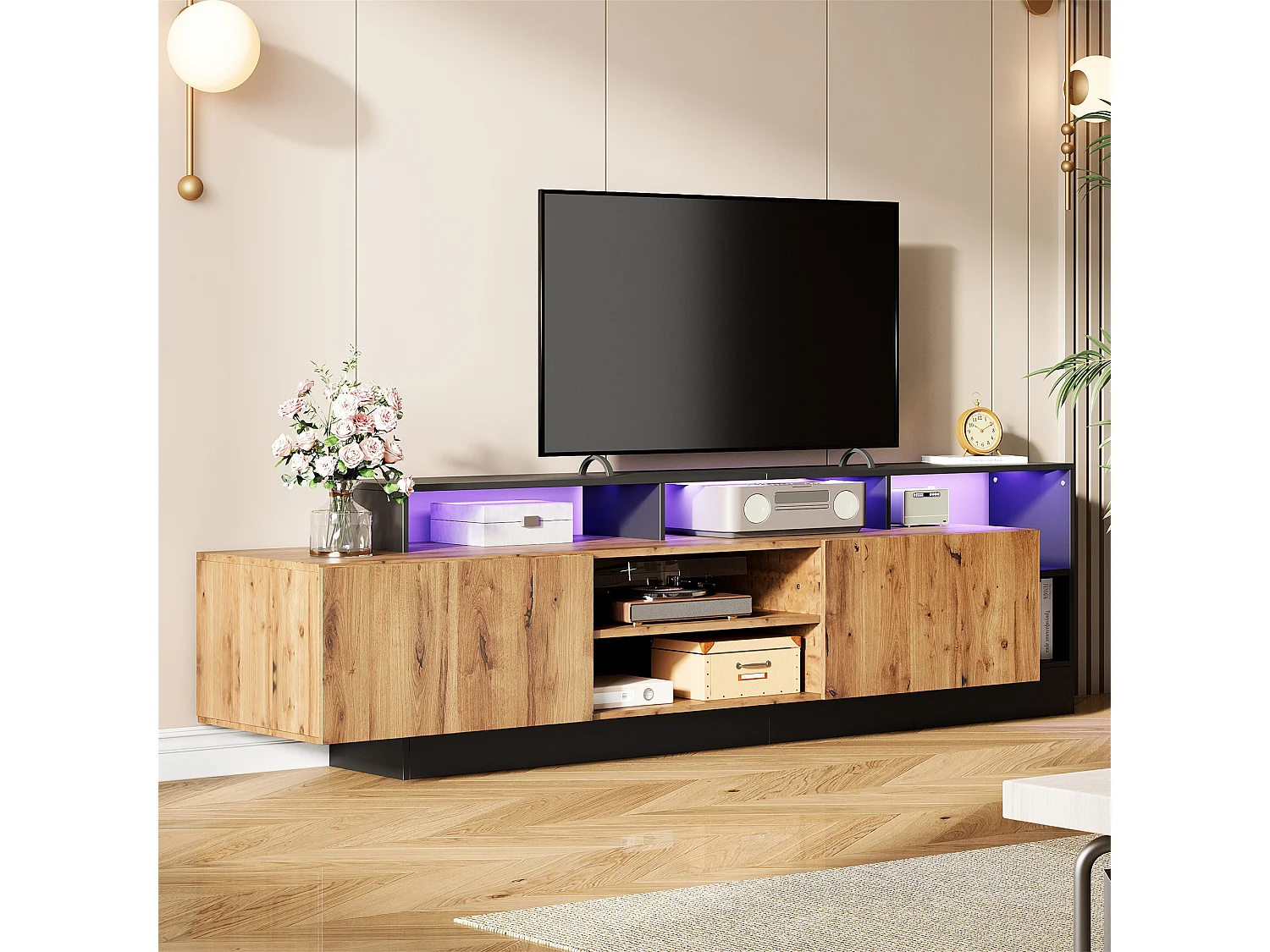 Meuble TV avec 2 portes et étagères - 190 x 40 x 48.5 cm - LEDs - Panneaux de particules - Chêne et noir