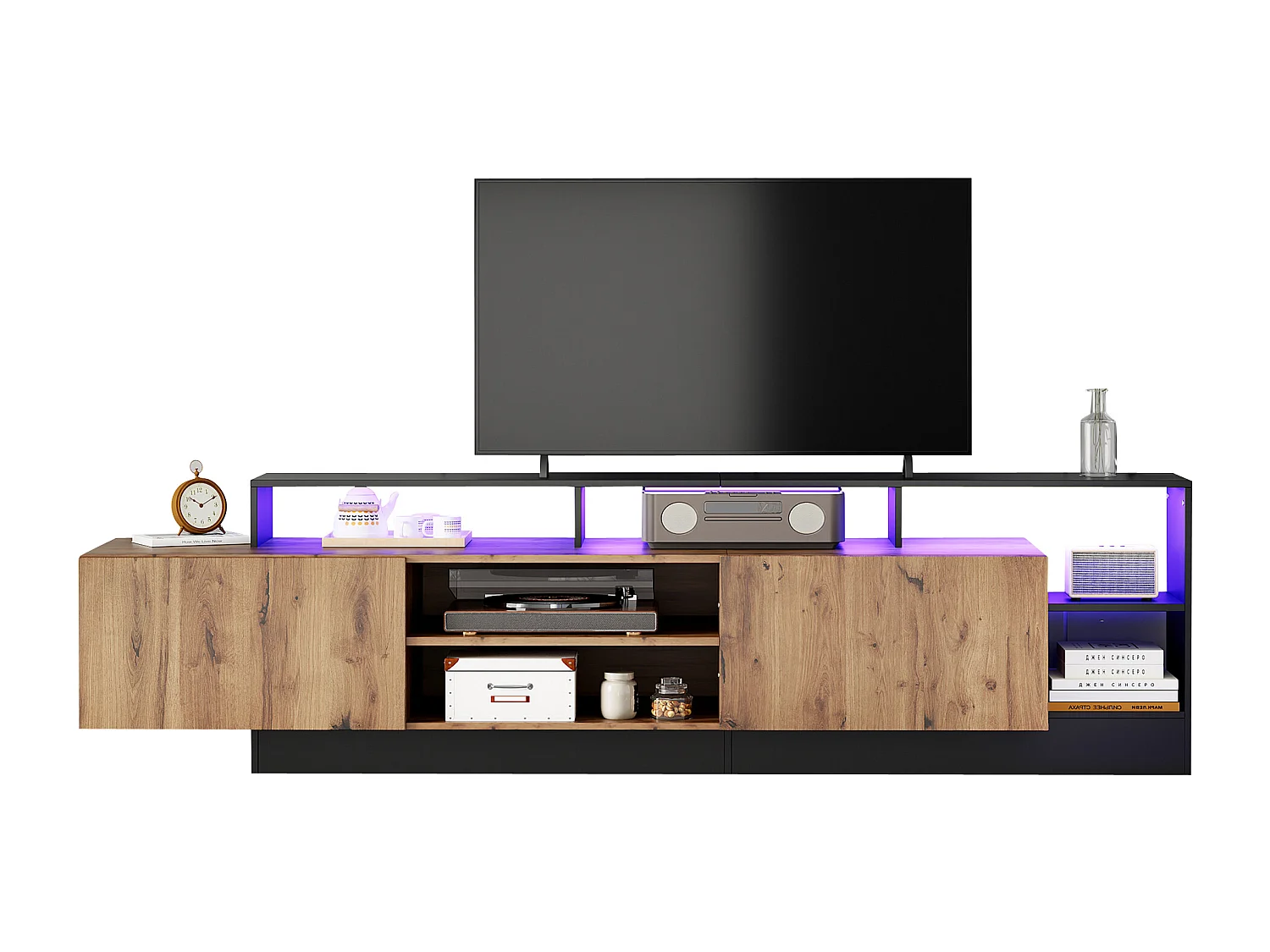 Meuble TV avec 2 portes et étagères - 190 x 40 x 48.5 cm - LEDs - Panneaux de particules - Chêne et noir
