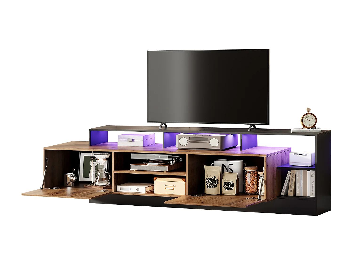 Meuble TV avec 2 portes et étagères - 190 x 40 x 48.5 cm - LEDs - Panneaux de particules - Chêne et noir