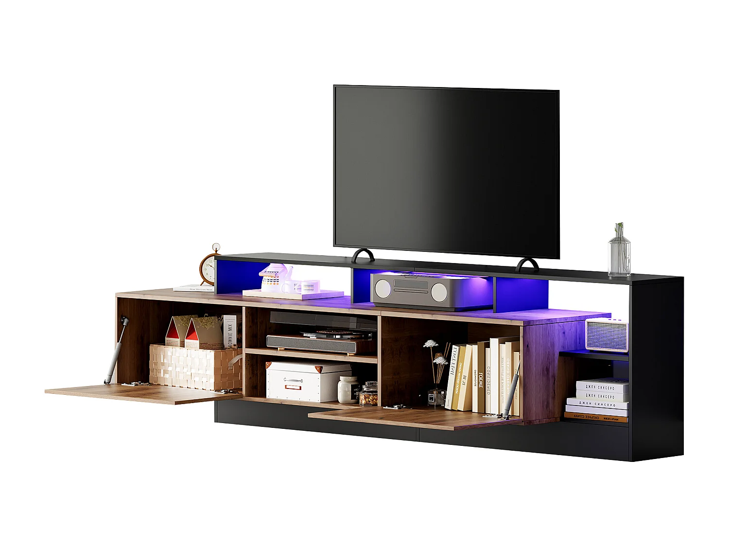 Meuble TV avec 2 portes et étagères - 190 x 40 x 48.5 cm - LEDs - Panneaux de particules - Chêne et noir