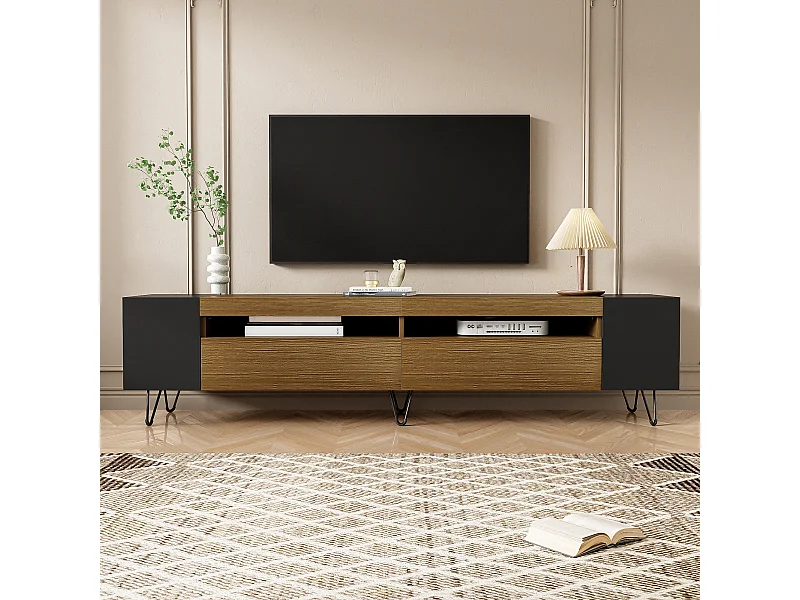 Meuble TV avec 2 portes et niches latérales - 180 x 36 x 43 cm - LEDs - MDF et Panneau de particules - Noir+ naturel
