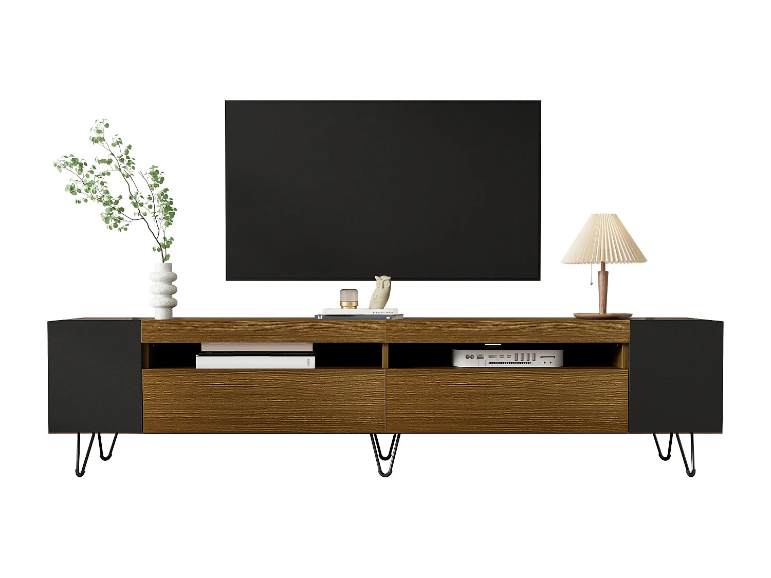 Meuble TV avec 2 portes et niches latérales - 180 x 36 x 43 cm - LEDs - MDF et Panneau de particules - Noir+ naturel