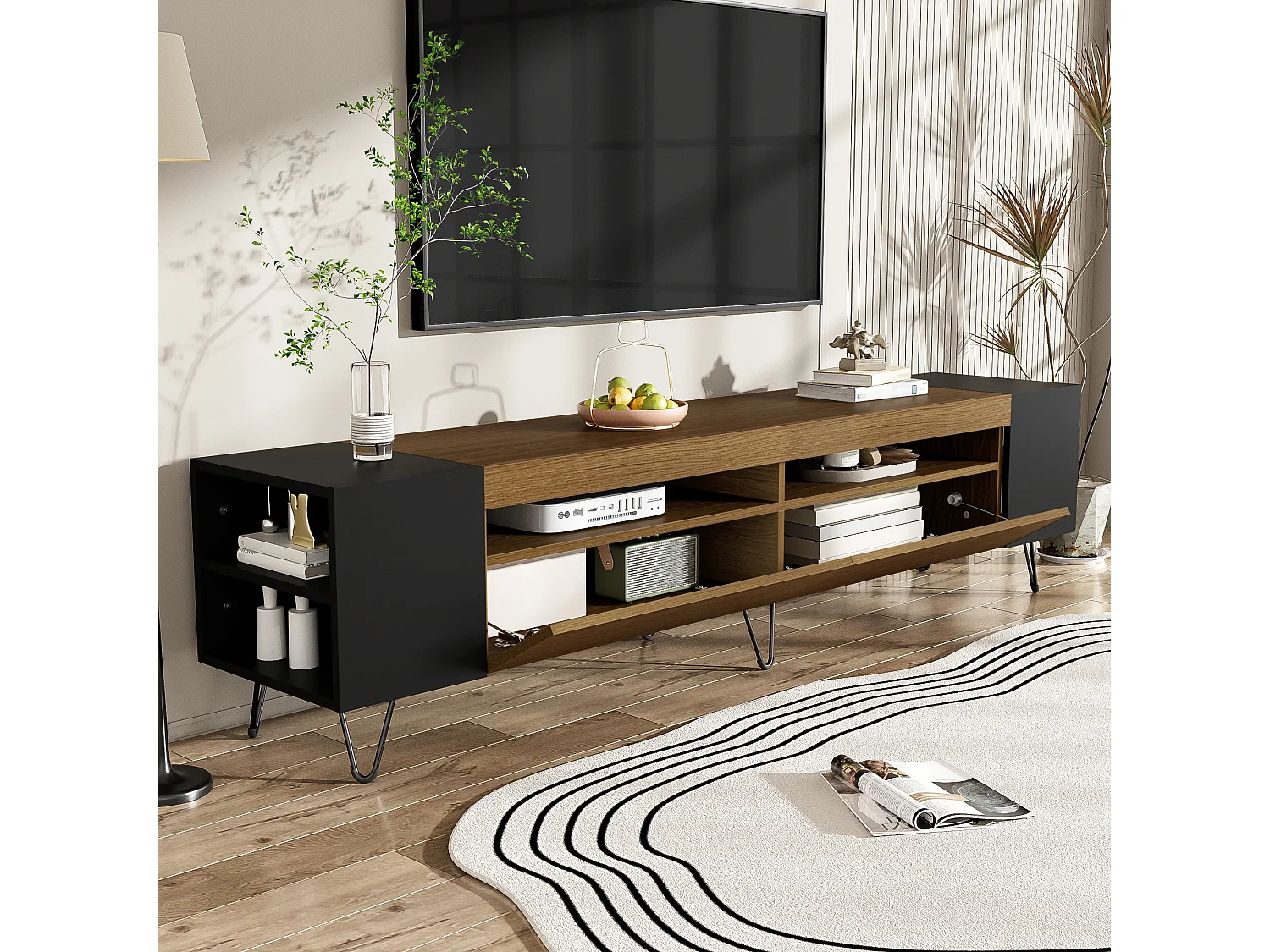 Meuble TV avec 2 portes et niches latérales - 180 x 36 x 43 cm - LEDs - MDF et Panneau de particules - Noir+ naturel