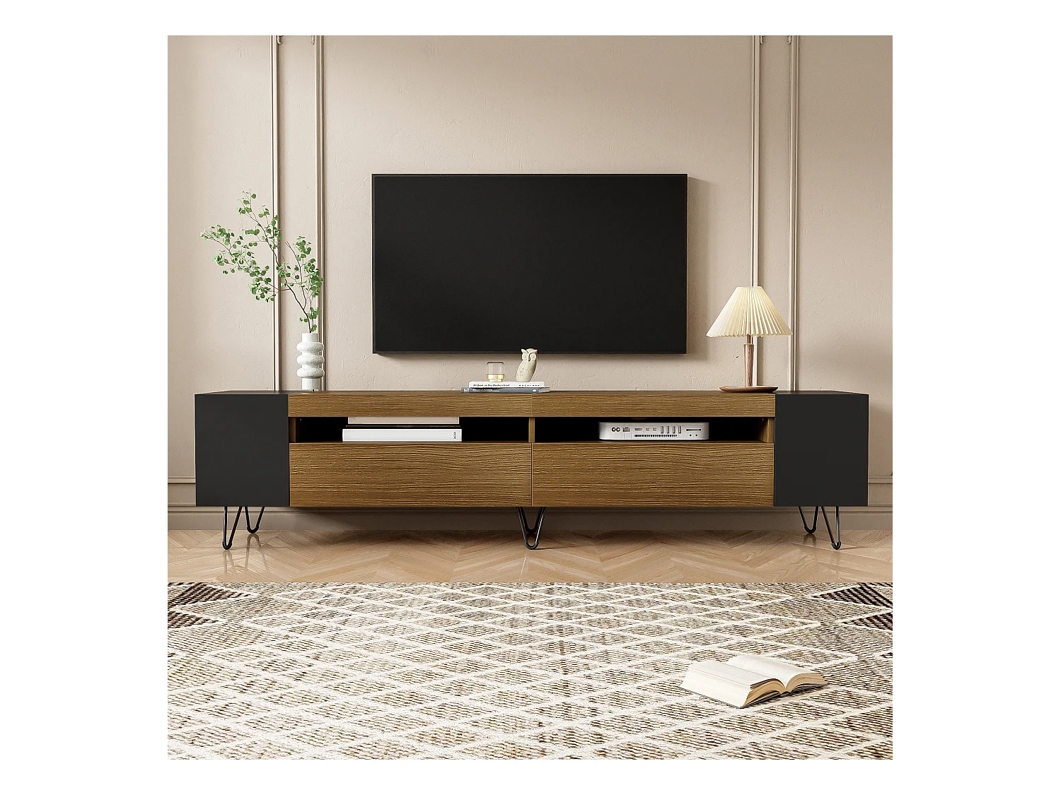 TV-Schrank mit 2 Türen und seitlichen Nischen - 180 x 36 x 43 cm - LEDs - MDF und Spanplatte - Schwarz + Natur