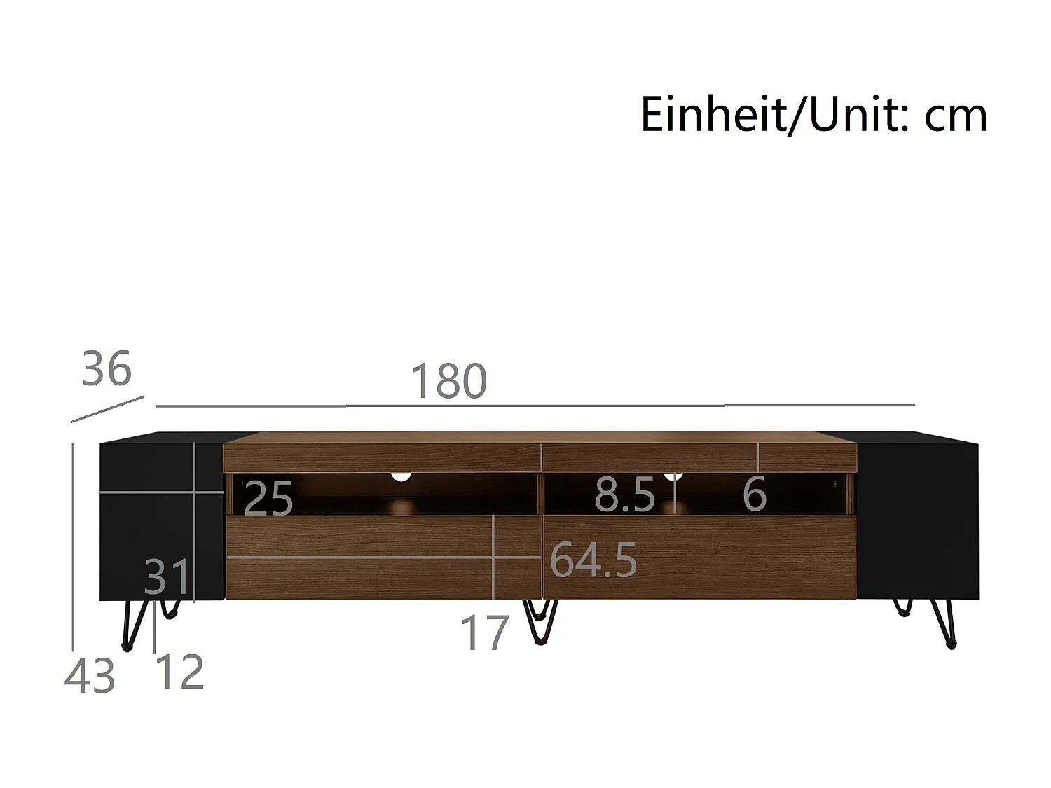 TV-Schrank mit 2 Türen und seitlichen Nischen - 180 x 36 x 43 cm - LEDs - MDF und Spanplatte - Schwarz + Natur
