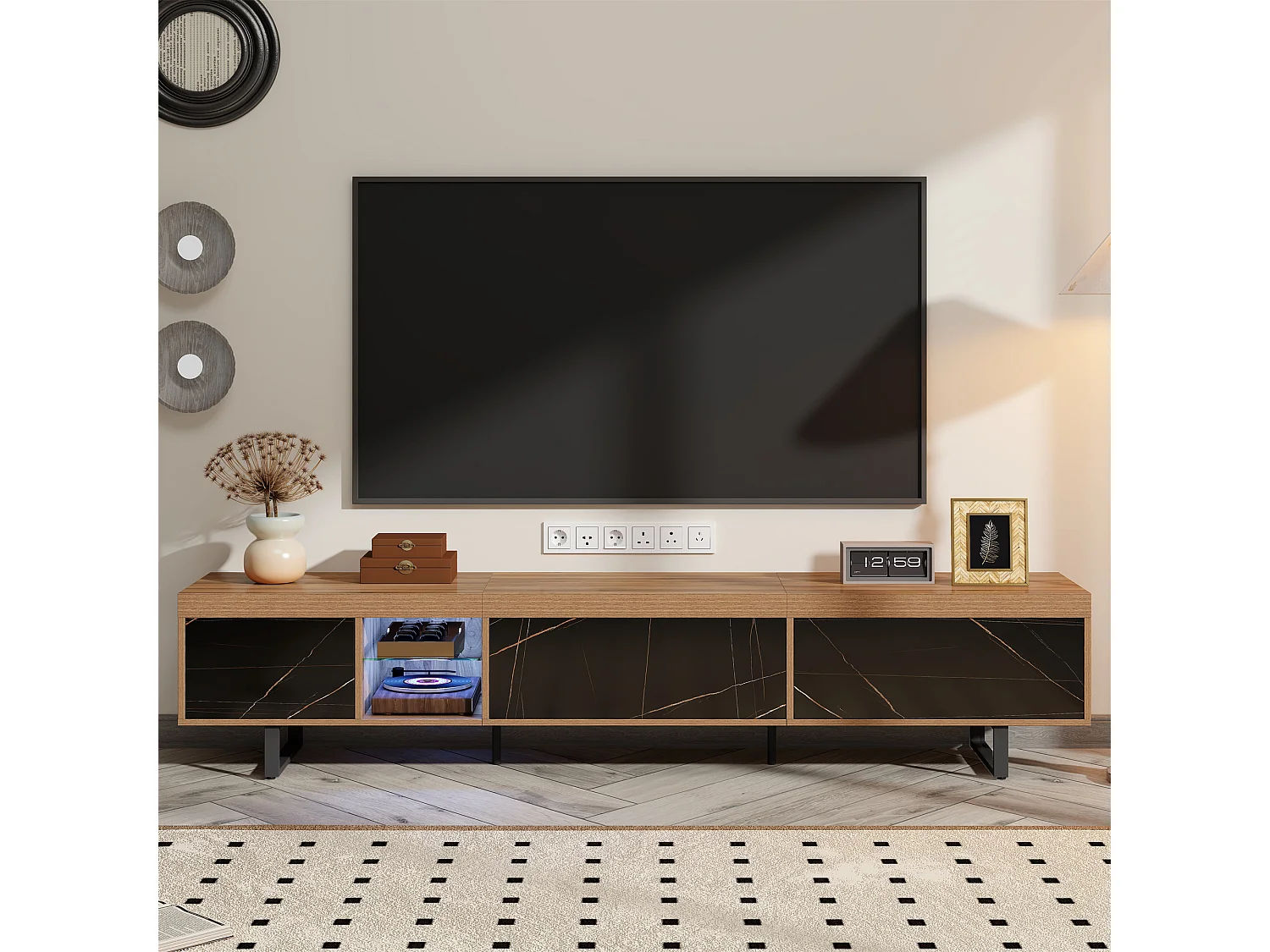 TV-Schrank mit 3 Türen und 2 Nischen - 190 x 38 x 43 cm - LEDs - MDF und Metallbeine - Schwarz + Natur