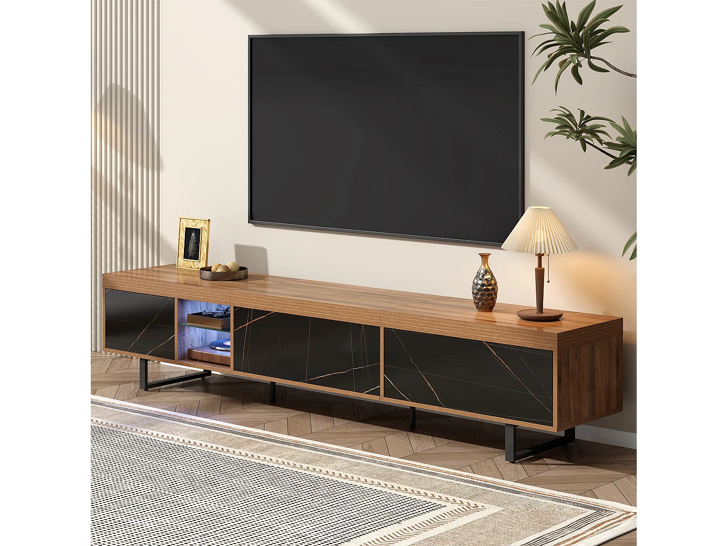 TV-Schrank mit 3 Türen und 2 Nischen - 190 x 38 x 43 cm - LEDs - MDF und Metallbeine - Schwarz + Natur