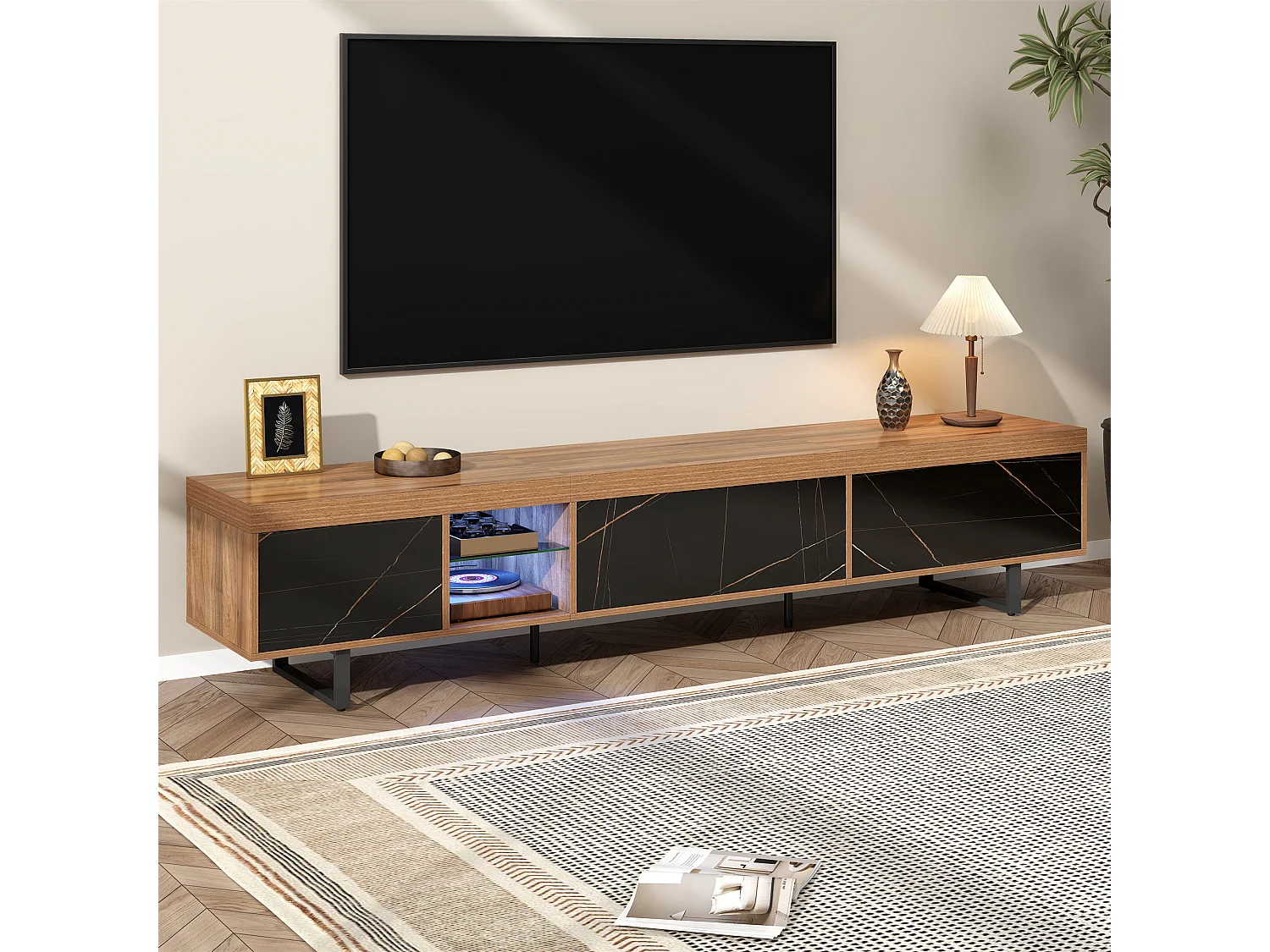 TV-Schrank mit 3 Türen und 2 Nischen - 190 x 38 x 43 cm - LEDs - MDF und Metallbeine - Schwarz + Natur